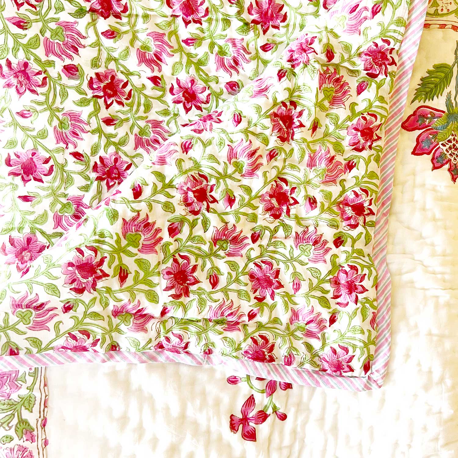 Wine Floral Double Sided Block Printed Cotton Quilt Single 60x90 Inches