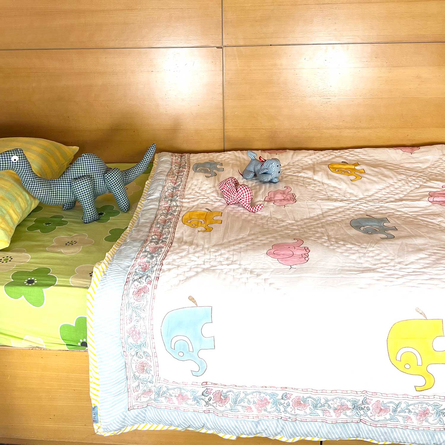 Cute Elephant Double Sided Block Printed Cotton Quilt Single 60x90 Inches