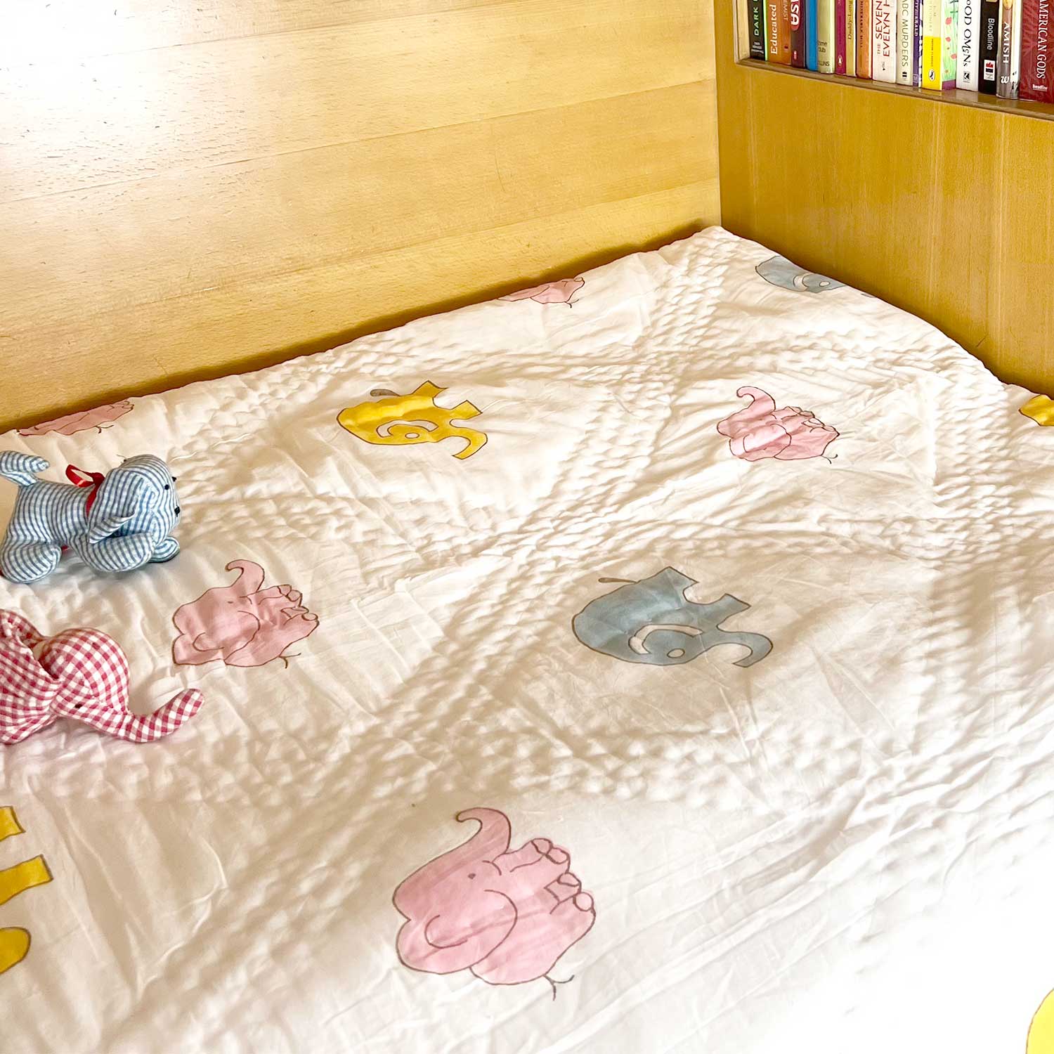 Cute Elephant Double Sided Block Printed Cotton Quilt Single 60x90 Inches