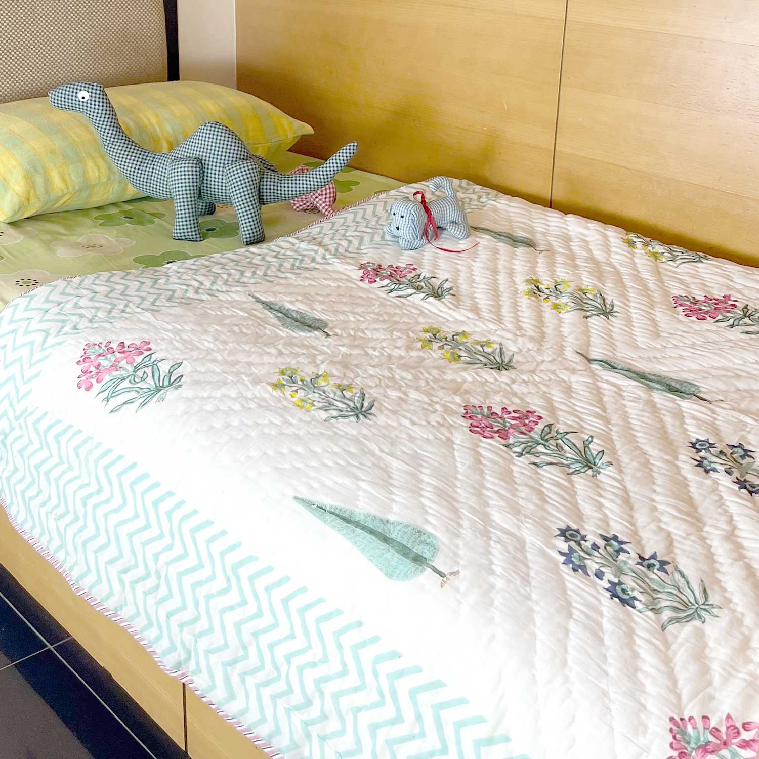 Cute Floral Double Sided Block Printed Cotton Quilt Single 60x90 Inches