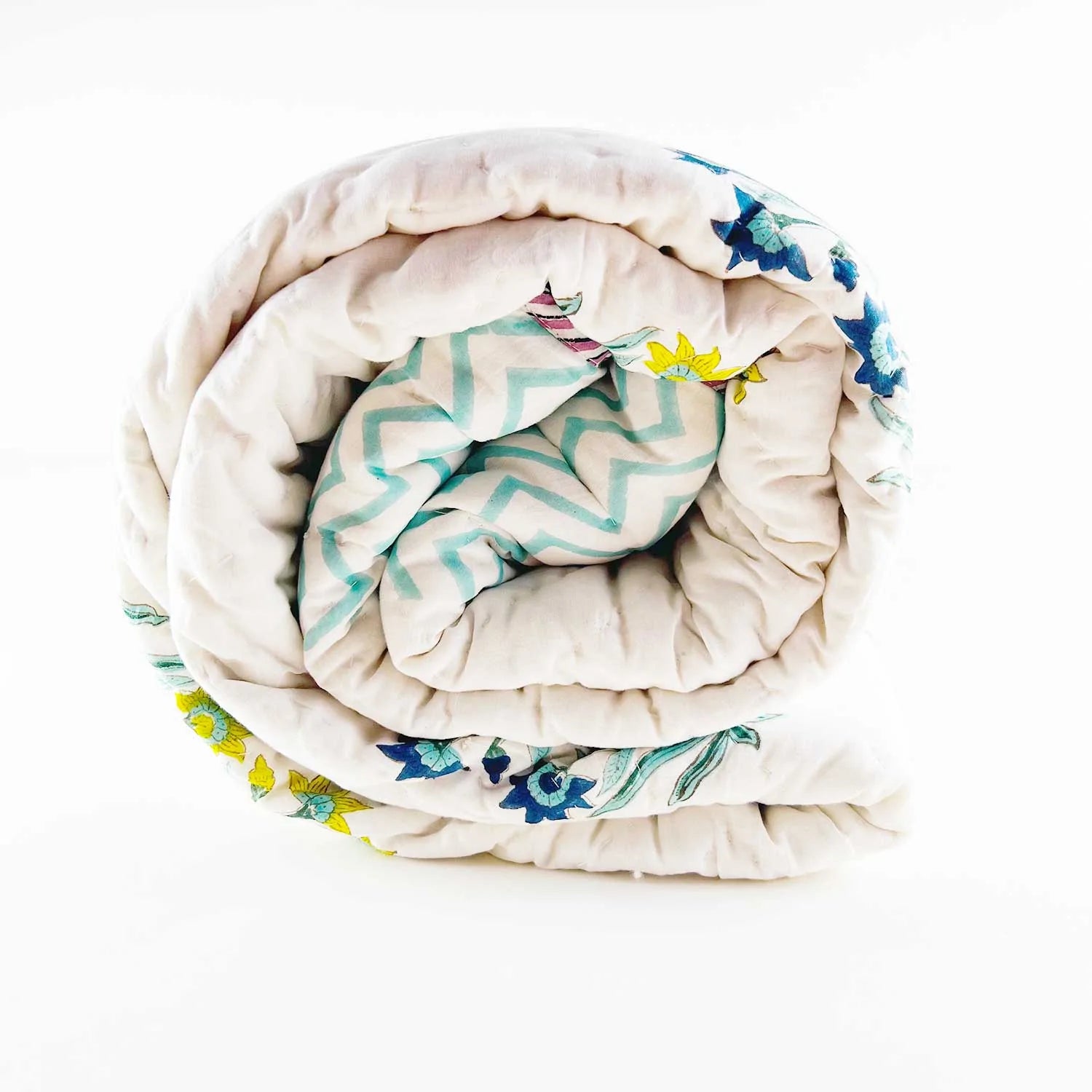 Cute Floral Double Sided Block Printed Cotton Quilt Single 60x90 Inches