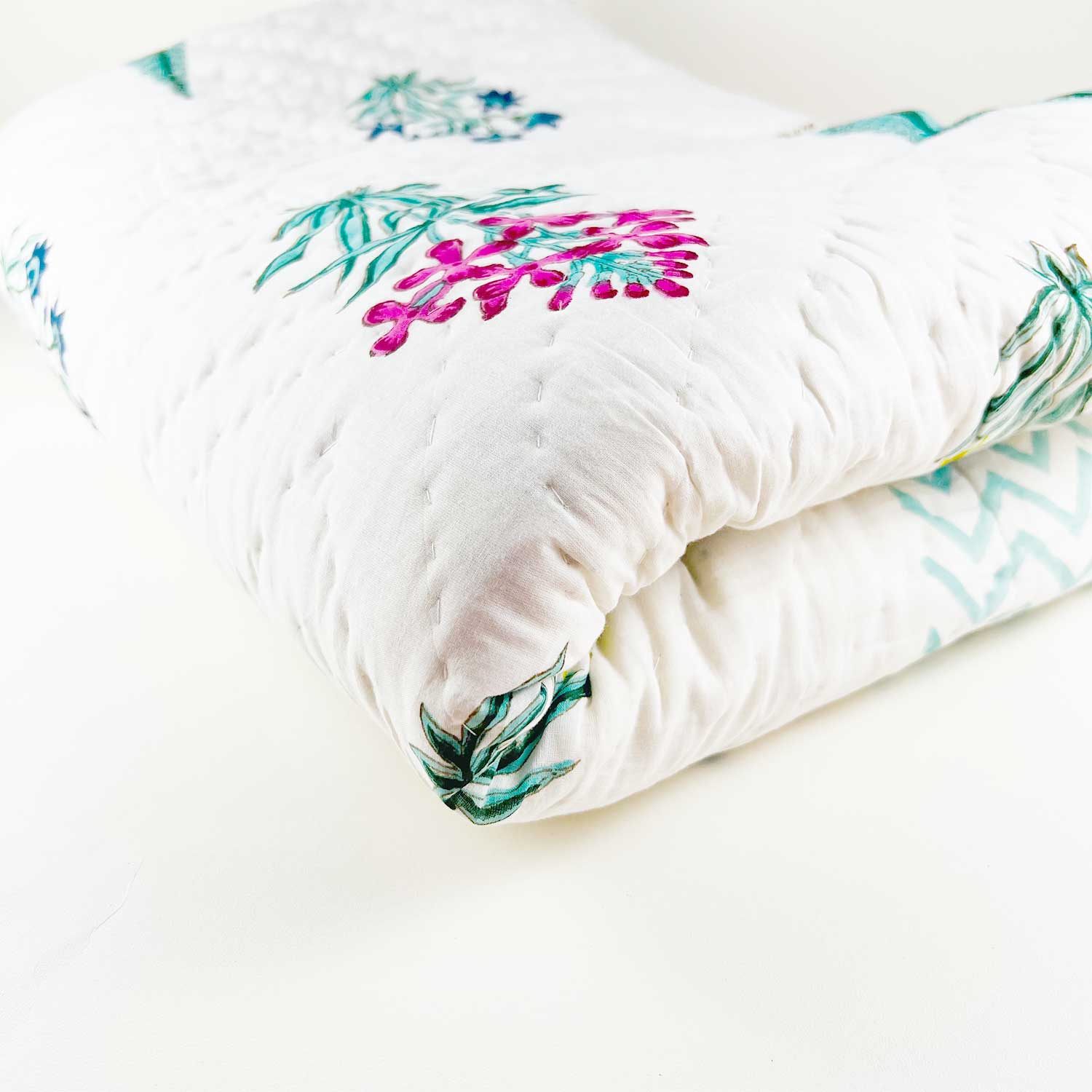 Cute Floral Double Sided Block Printed Cotton Quilt Single 60x90 Inches