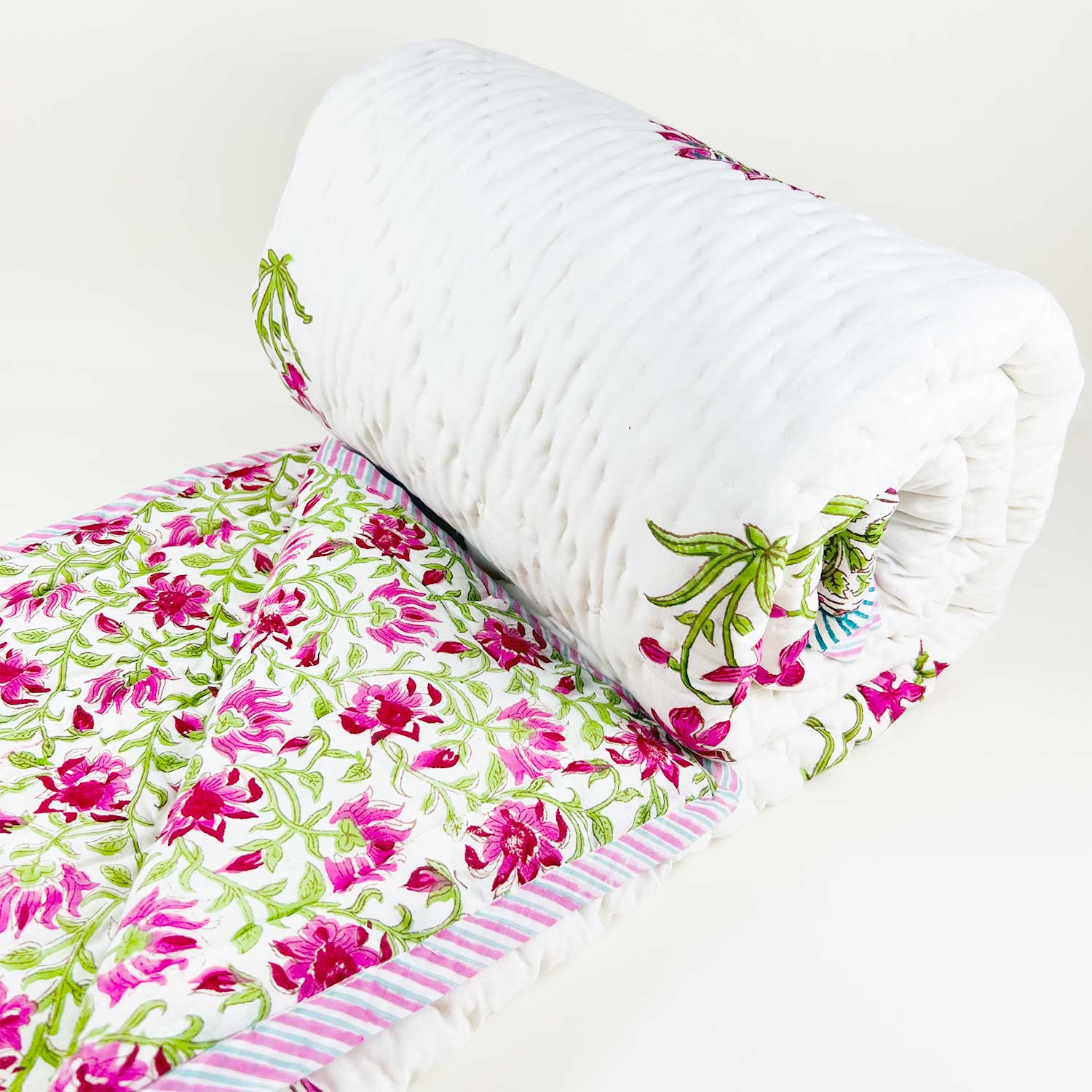 Wine Floral Double Sided Block Printed Cotton Quilt Single 60x90 Inches