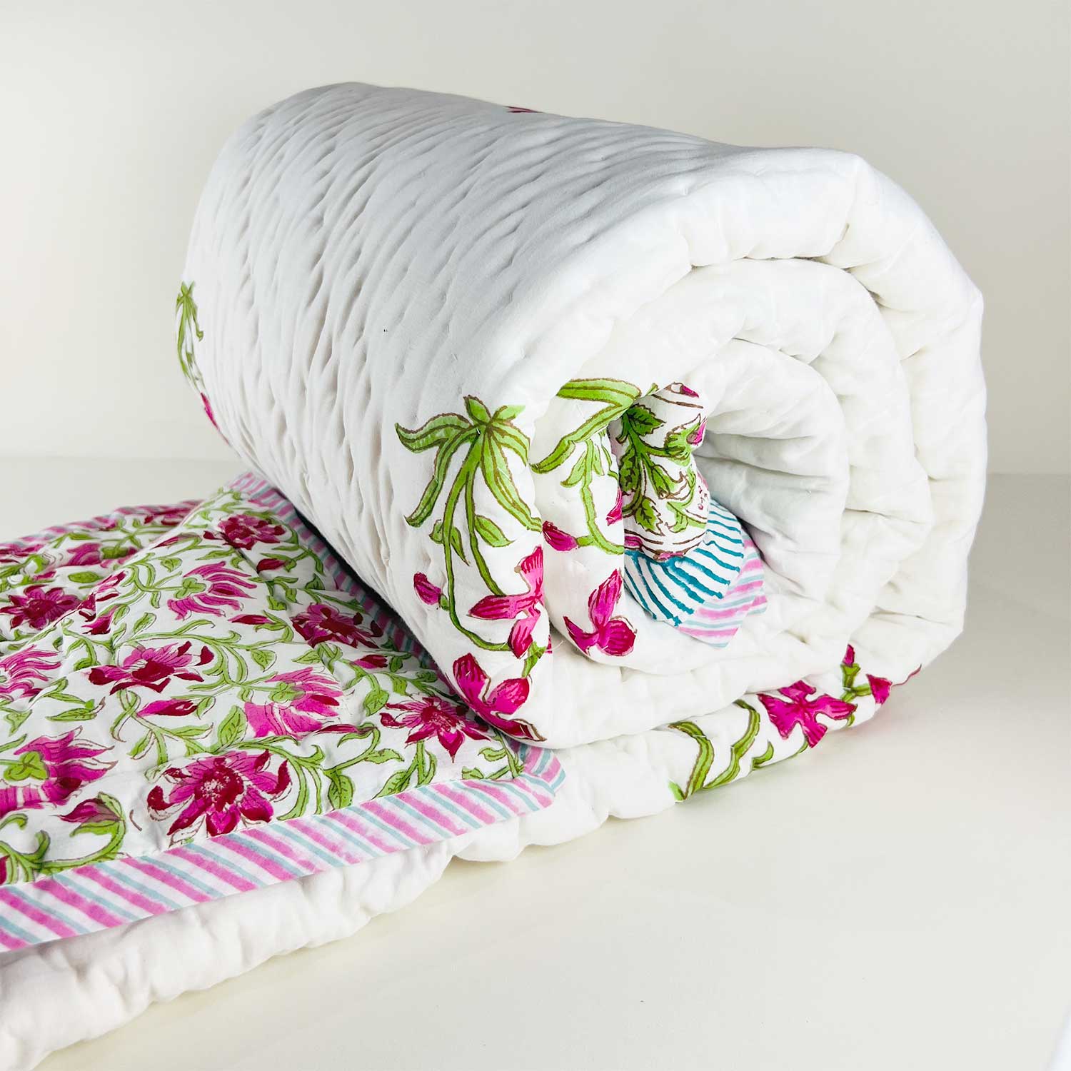 Wine Floral Double Sided Block Printed Cotton Quilt Single 60x90 Inches