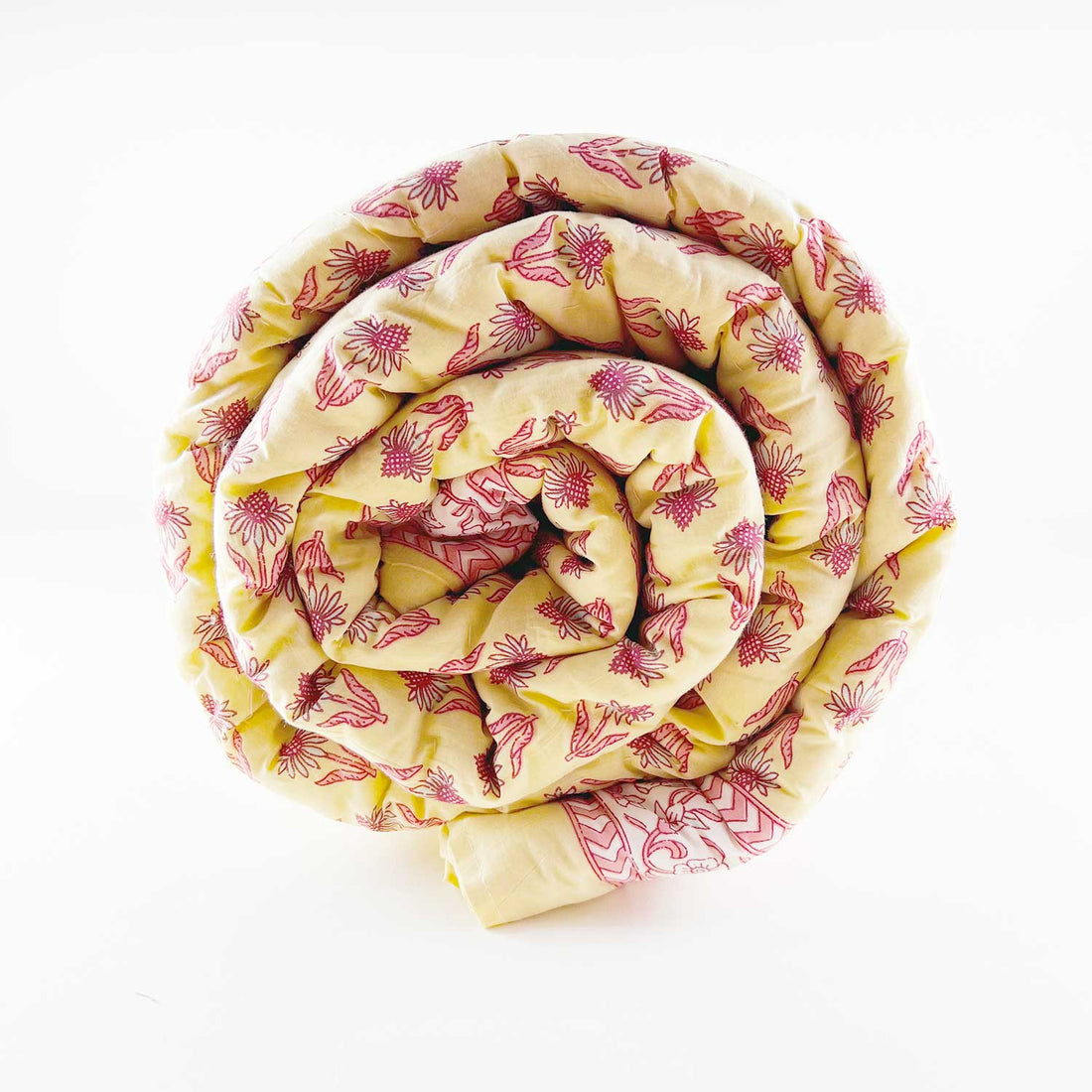 Yellow  Floral  Block Printed Double Sided Cotton Quilt - 60 inches x 90 inches