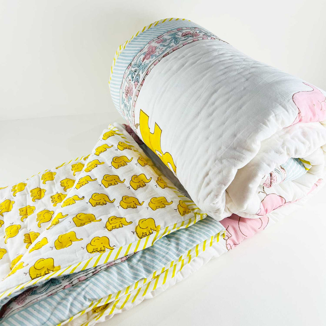 Cute Elephant Double Sided Block Printed Cotton Quilt Single 60x90 Inches