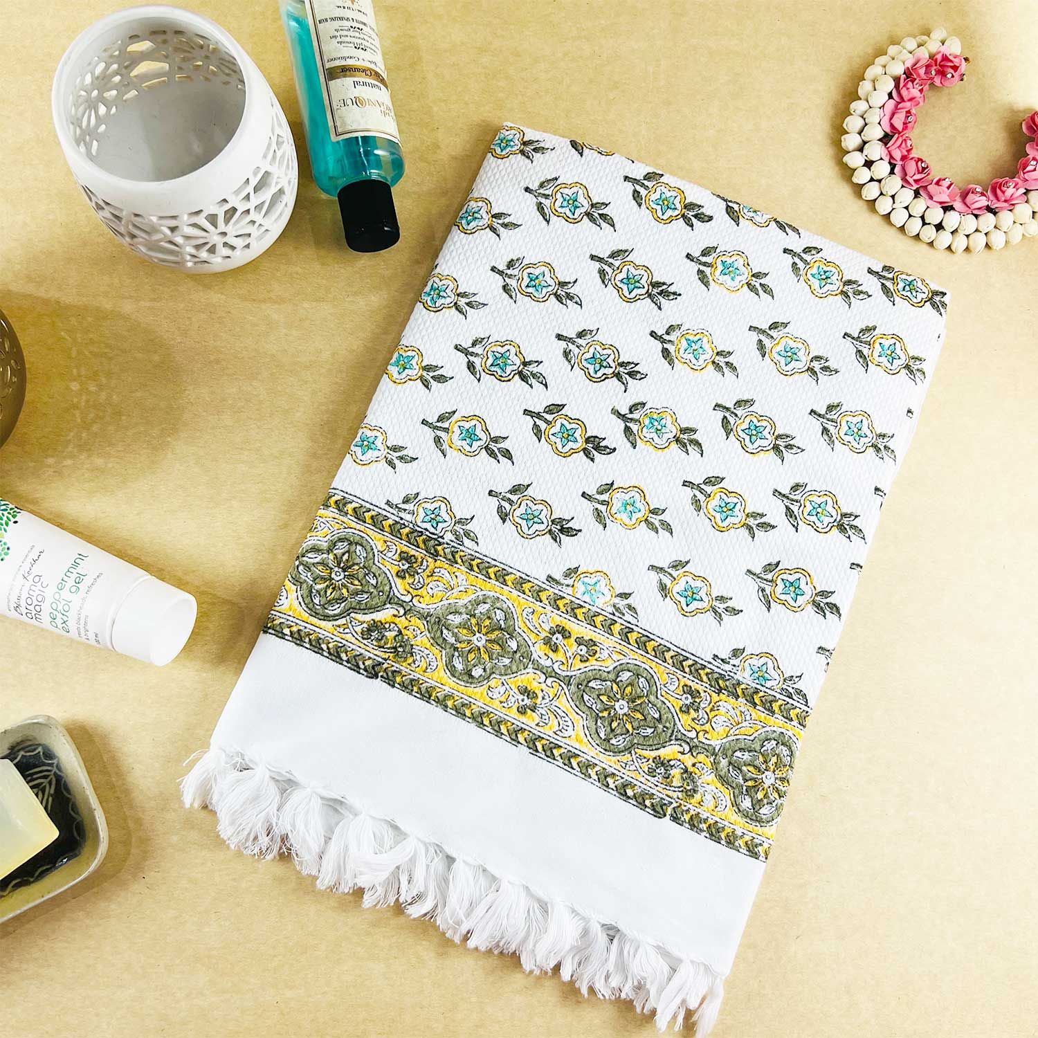 Yellow Flower Hand Block Print Cotton Bath Towel 60 inches x 30 inches