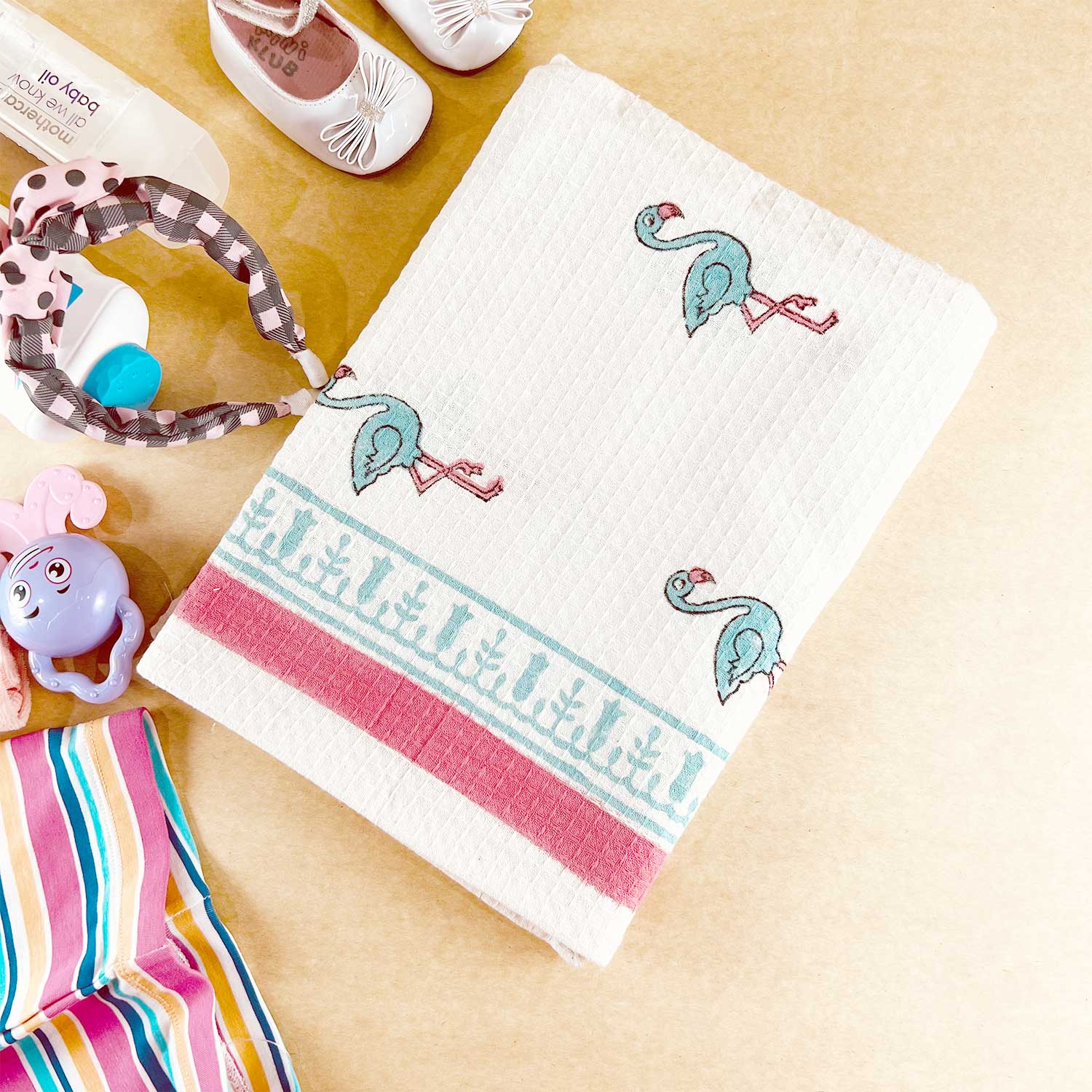 Pink Flamingo Hand Block Print Cotton Bath Towel 60 inches x 30 inches