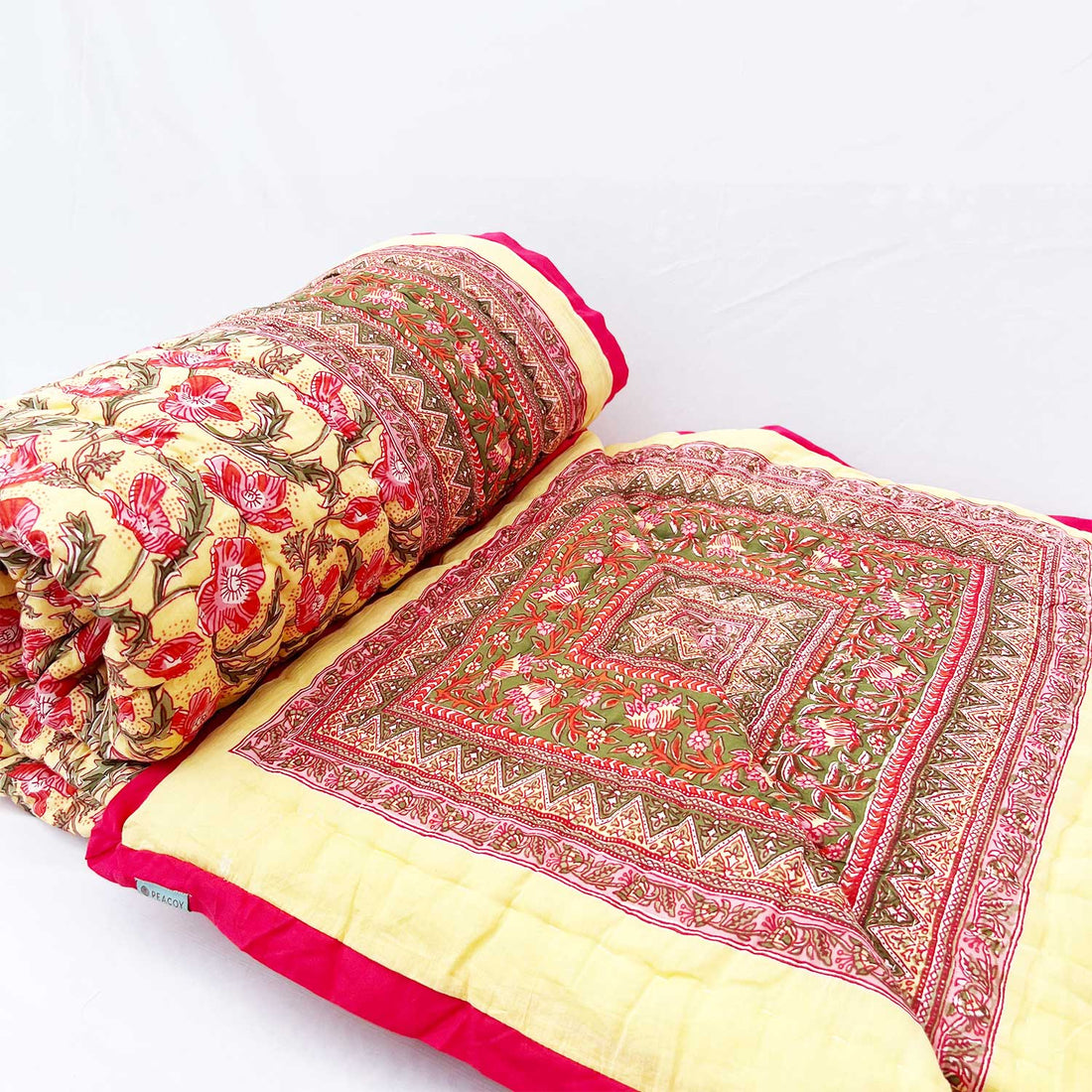 Red Jaal Block Printed Double sided Cotton Quilt - 90 inches x 108 inches