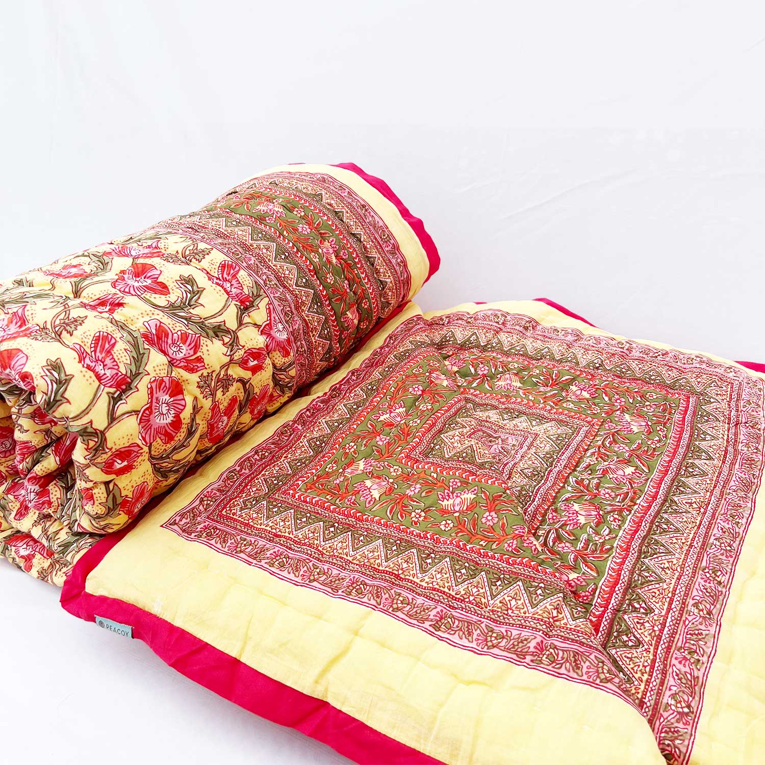 Red Jaal Block Printed Double sided Cotton Quilt - 90 inches x 108 inches