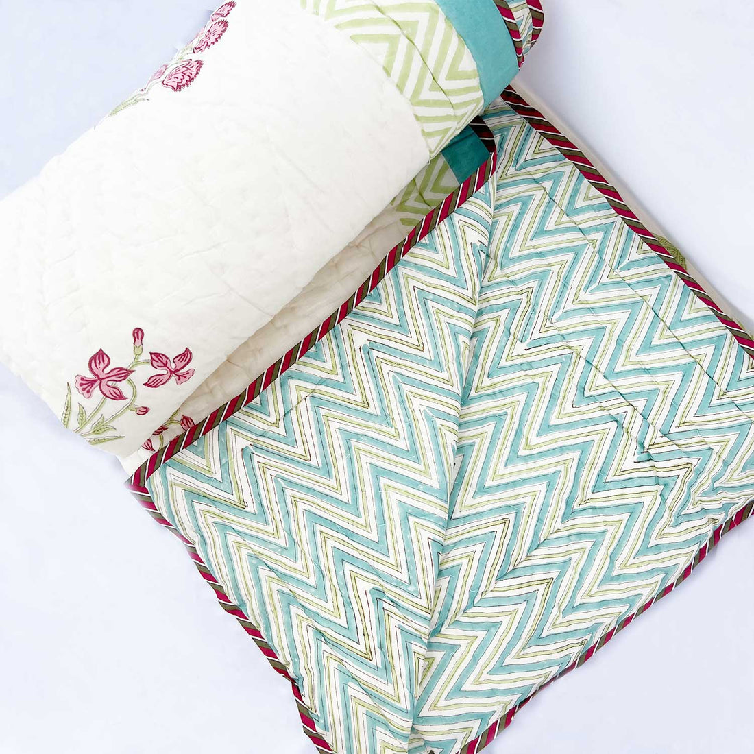 Elegant Floral  Block Printed Double sided Cotton Quilt - 90 inches x 108 inches