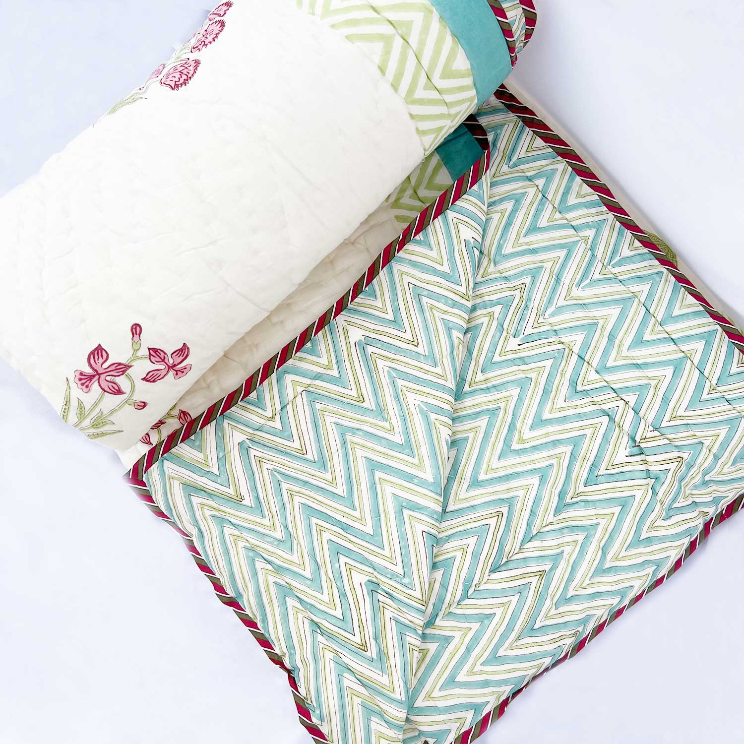 Elegant Floral  Block Printed Double sided Cotton Quilt - 90 inches x 108 inches