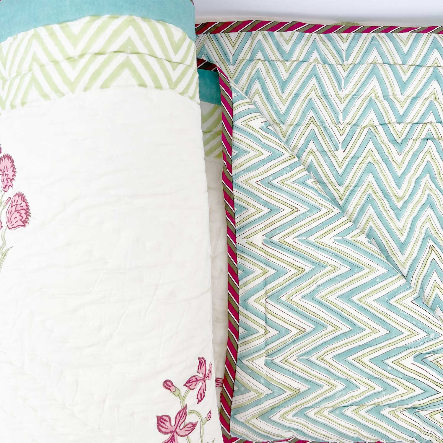 Elegant Floral  Block Printed Double sided Cotton Quilt - 90 inches x 108 inches