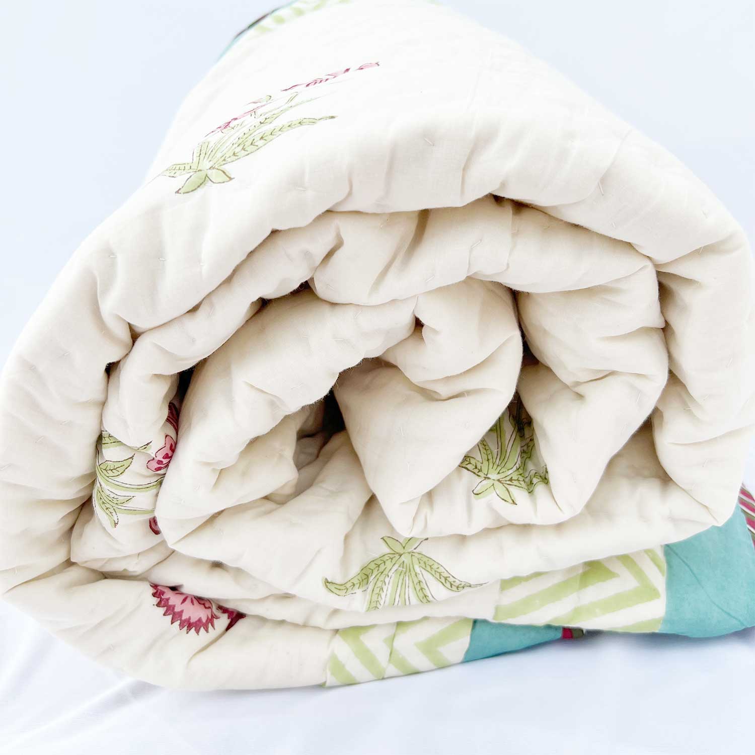 Elegant Floral  Block Printed Double sided Cotton Quilt - 90 inches x 108 inches