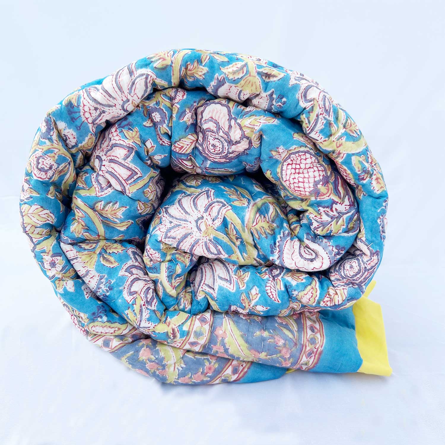 Blue Garden Block Printed Double sided Cotton Quilt - 90 inches x 108 inches