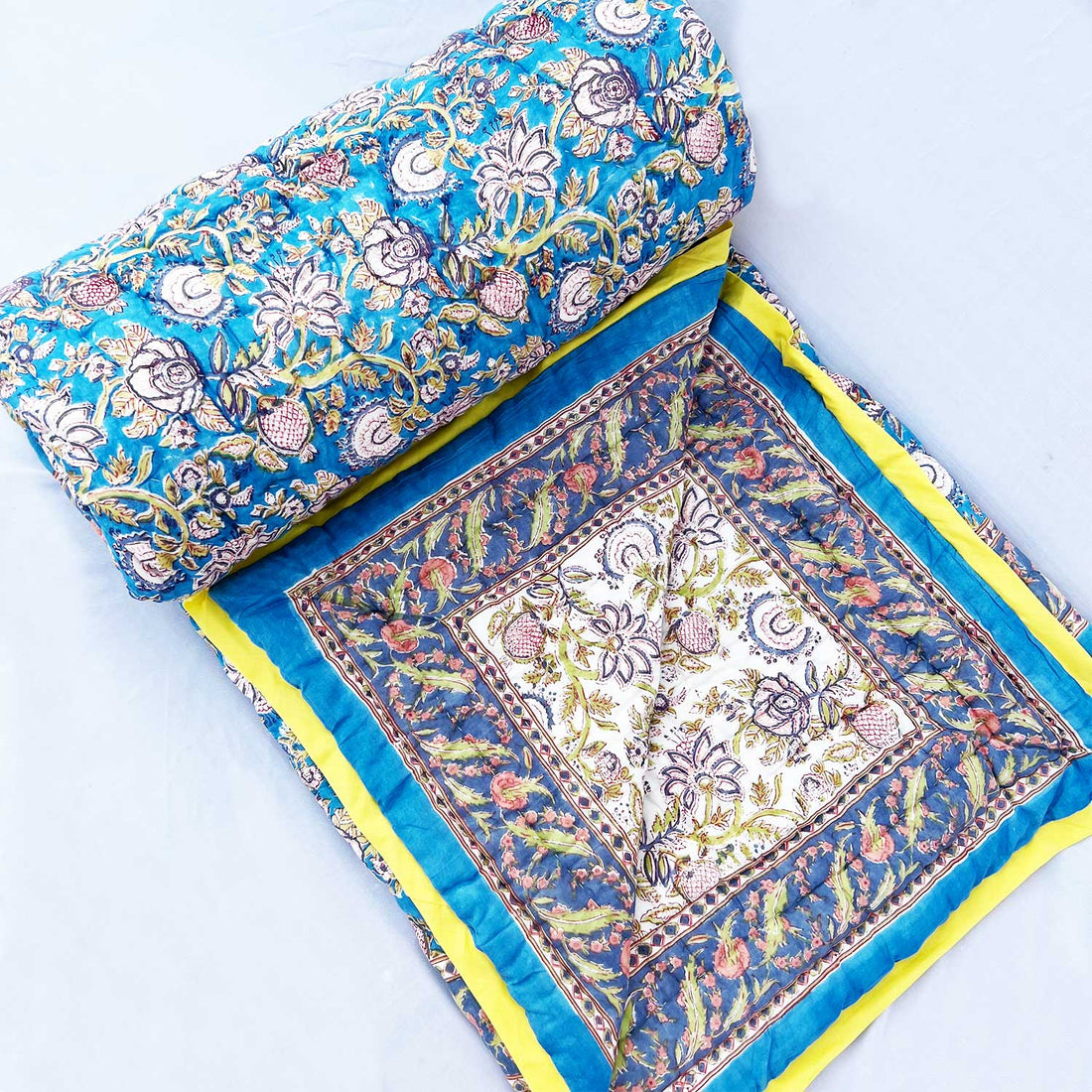 Blue Garden Block Printed Double sided Cotton Quilt - 90 inches x 108 inches