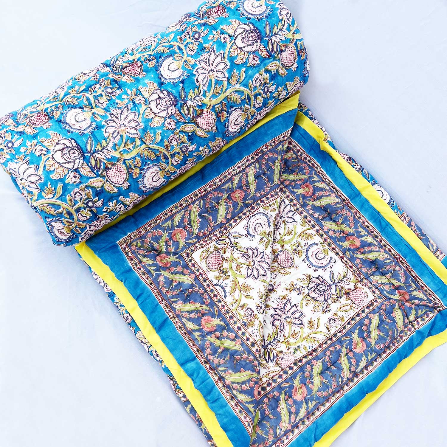 Blue Garden Block Printed Double sided Cotton Quilt - 90 inches x 108 inches