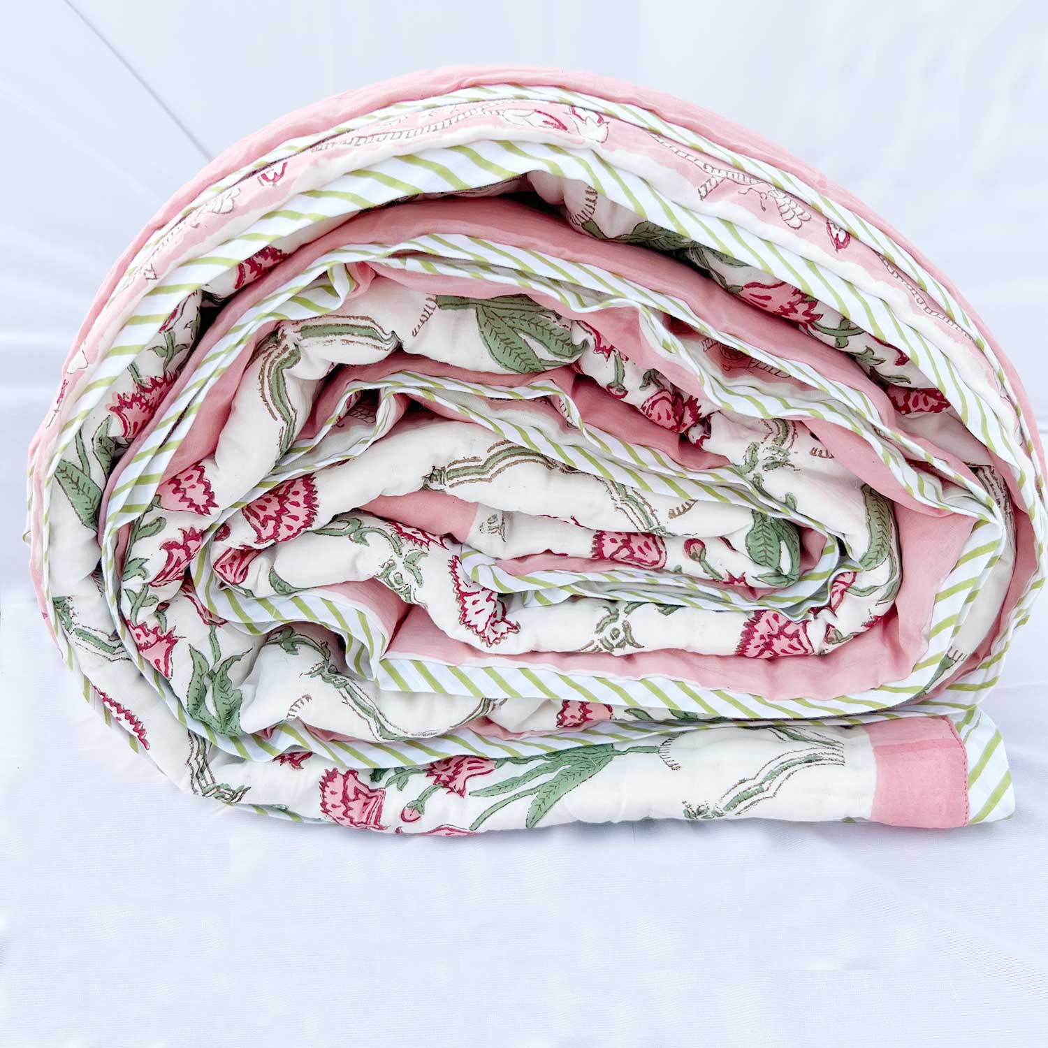 Pink  Floral  Block Printed Double sided Cotton Quilt - 90 inches x 108 inches