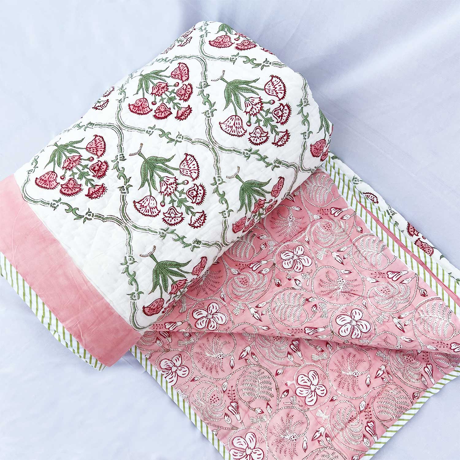 Pink  Floral  Block Printed Double sided Cotton Quilt - 90 inches x 108 inches