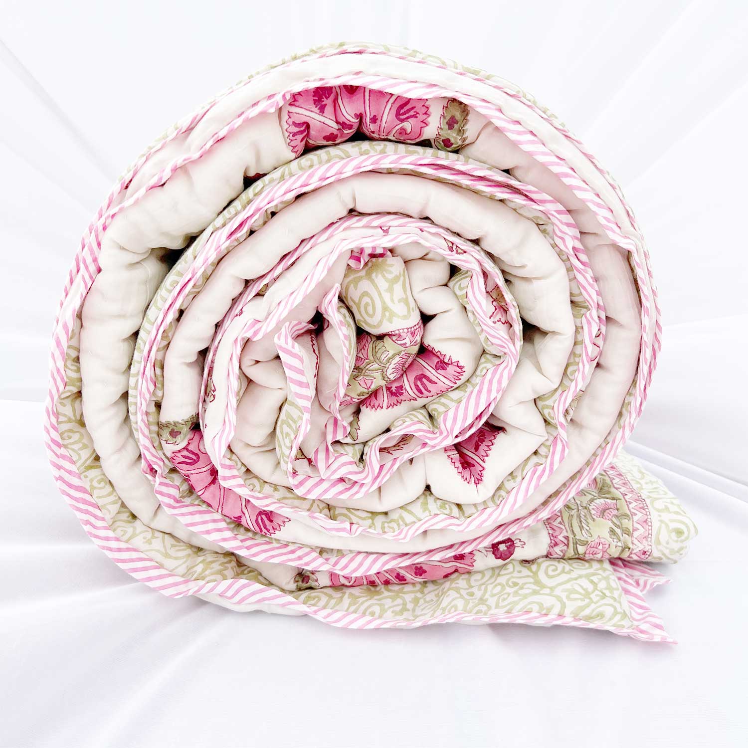 Pink  Floral  Block Printed Double sided Cotton Quilt - 90 inches x 108 inches