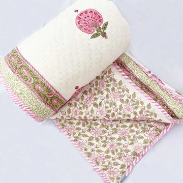 Pink Motif Block Printed Double sided Cotton Quilt - 90 inches x 108 inches