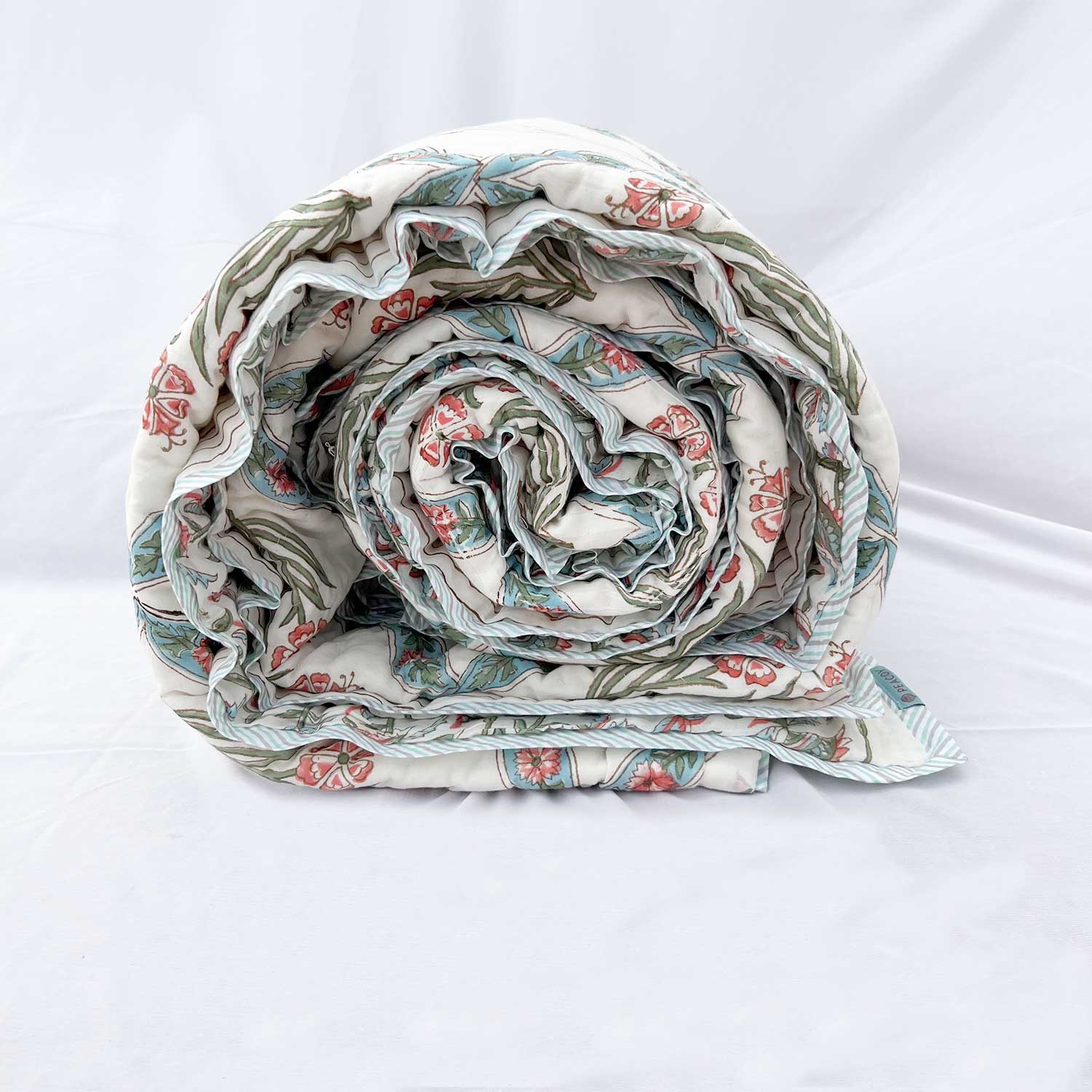 White Muted Jaal Floral  Block Printed Double sided Cotton Quilt - 90 inches x 108 inches