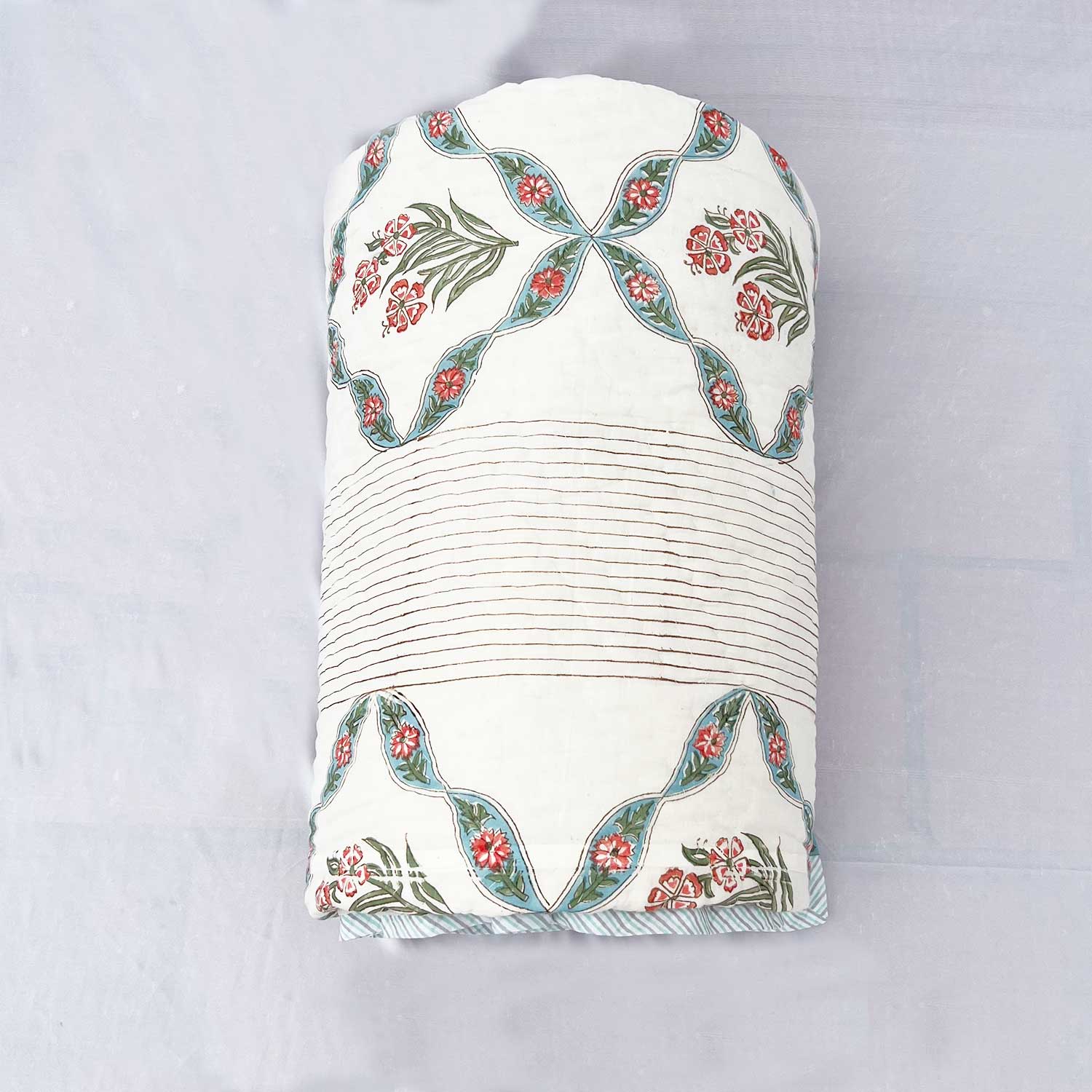 White Muted Jaal Floral  Block Printed Double sided Cotton Quilt - 90 inches x 108 inches