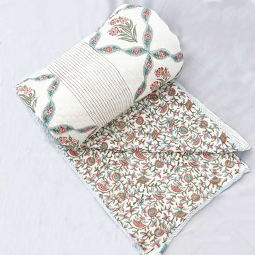 White Muted Jaal Floral  Block Printed Double sided Cotton Quilt - 90 inches x 108 inches