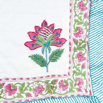 Lotus Jaal Block Printed Double sided Cotton Quilt - 90 inches x 108 inches