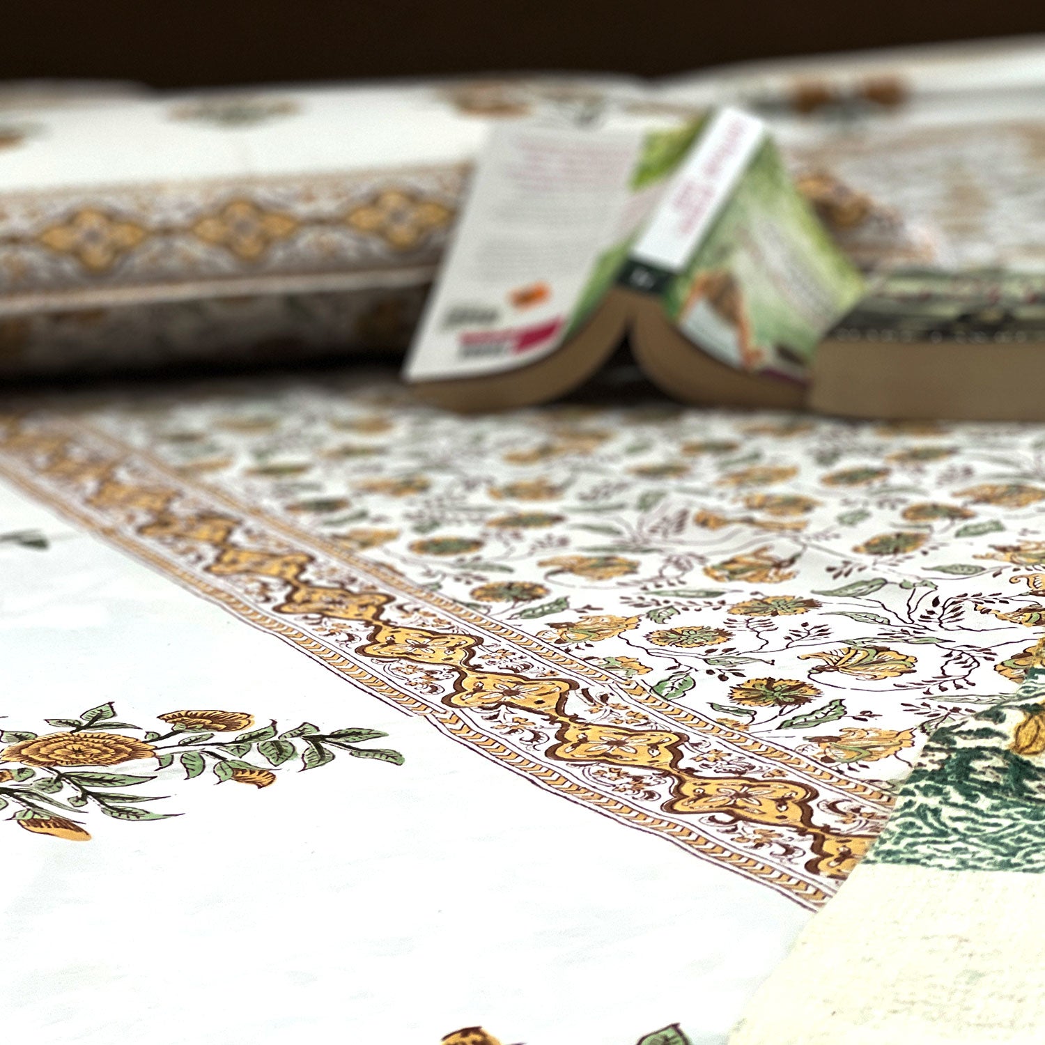 Sunshine Florals Yellow Block Printed 210 Thread Count Cotton Double Bedsheet Set With 2 Pillow Covers - 108 inches x 108 inches