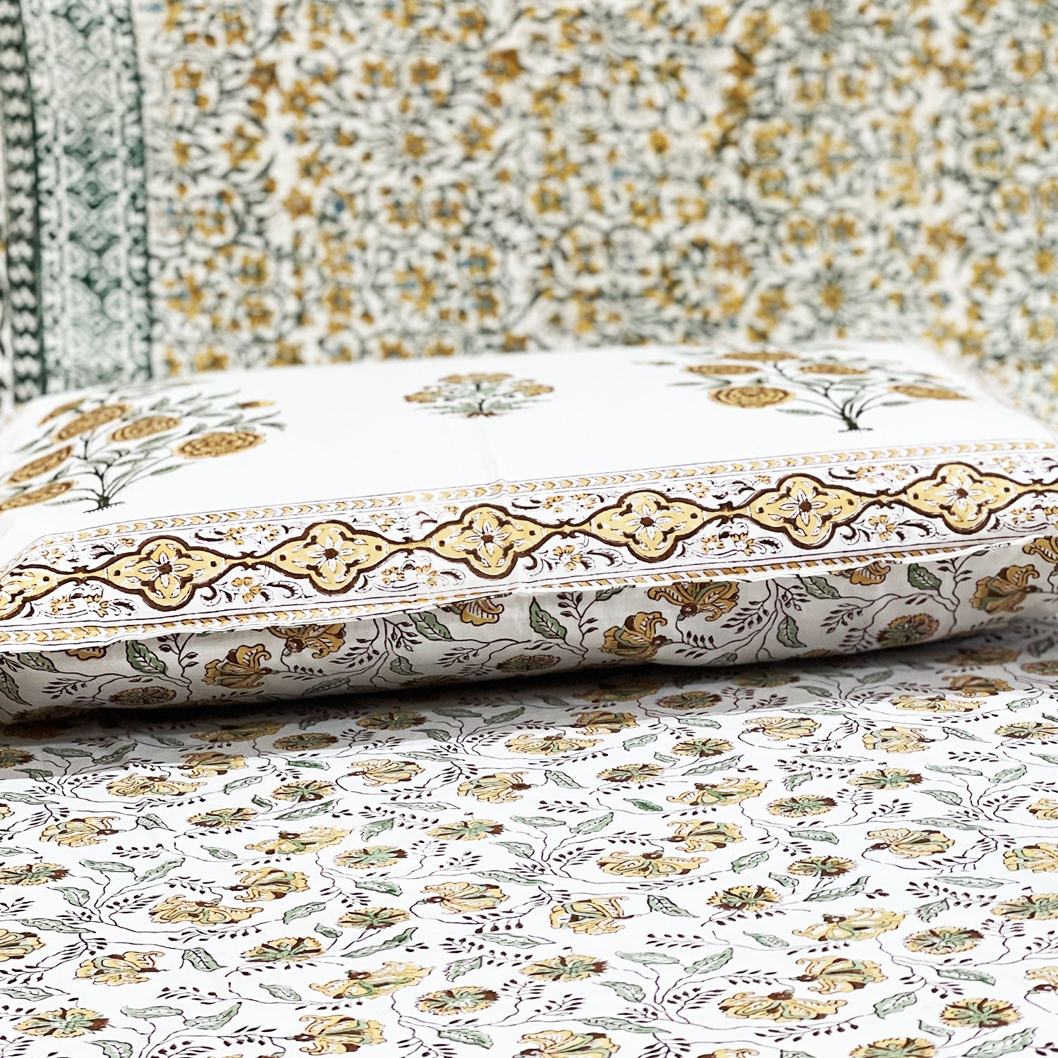 Sunshine Florals Yellow Block Printed 210 Thread Count Cotton Double Bedsheet Set With 2 Pillow Covers - 108 inches x 108 inches
