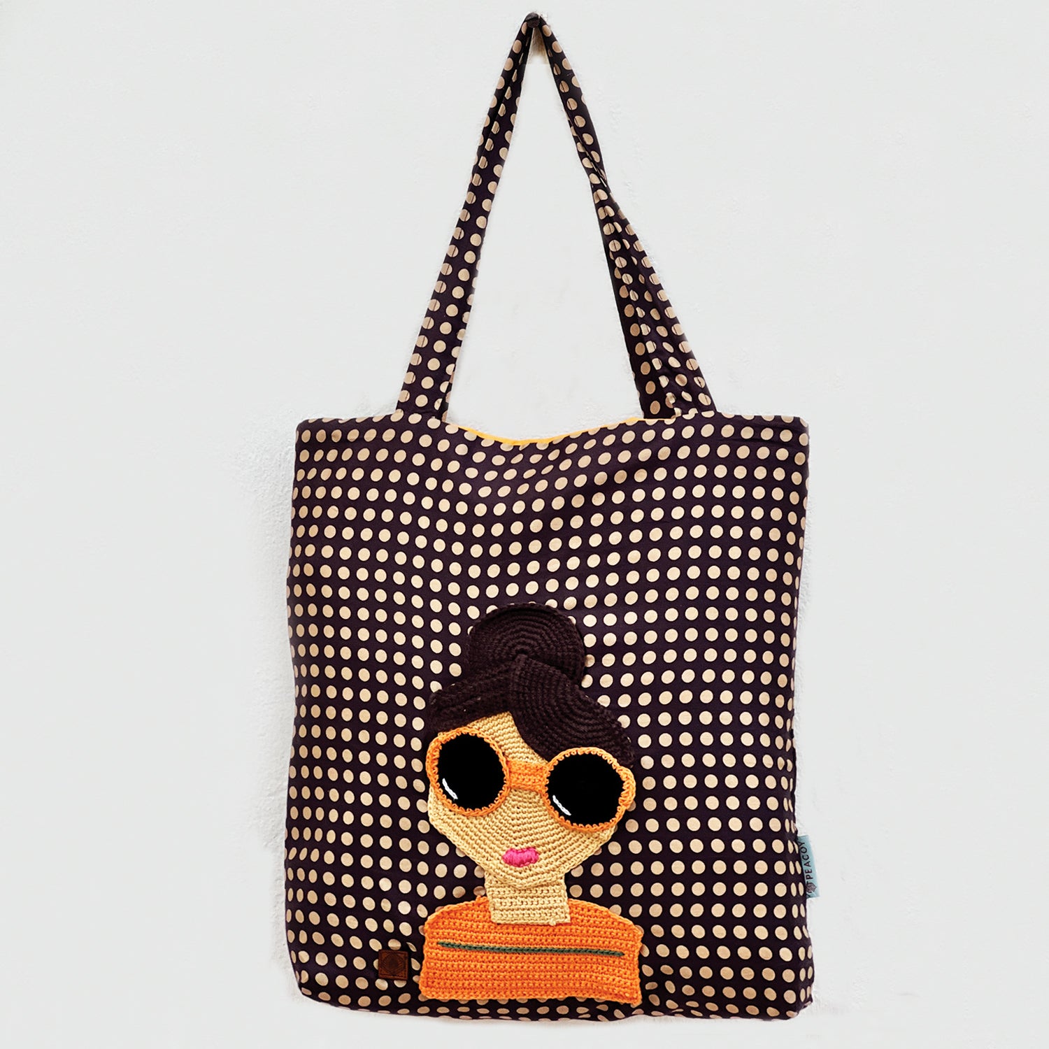 Brown Polka Dot Draw String Crochet Tote Bag