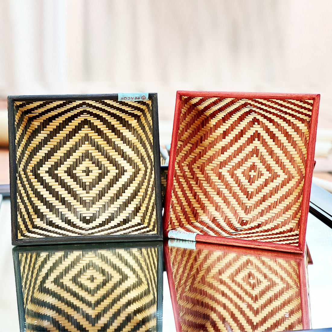 Cute & Artistic Brown and Green Bamboo Fruit Basket Set of Two - 8 x 8 x 4 inches