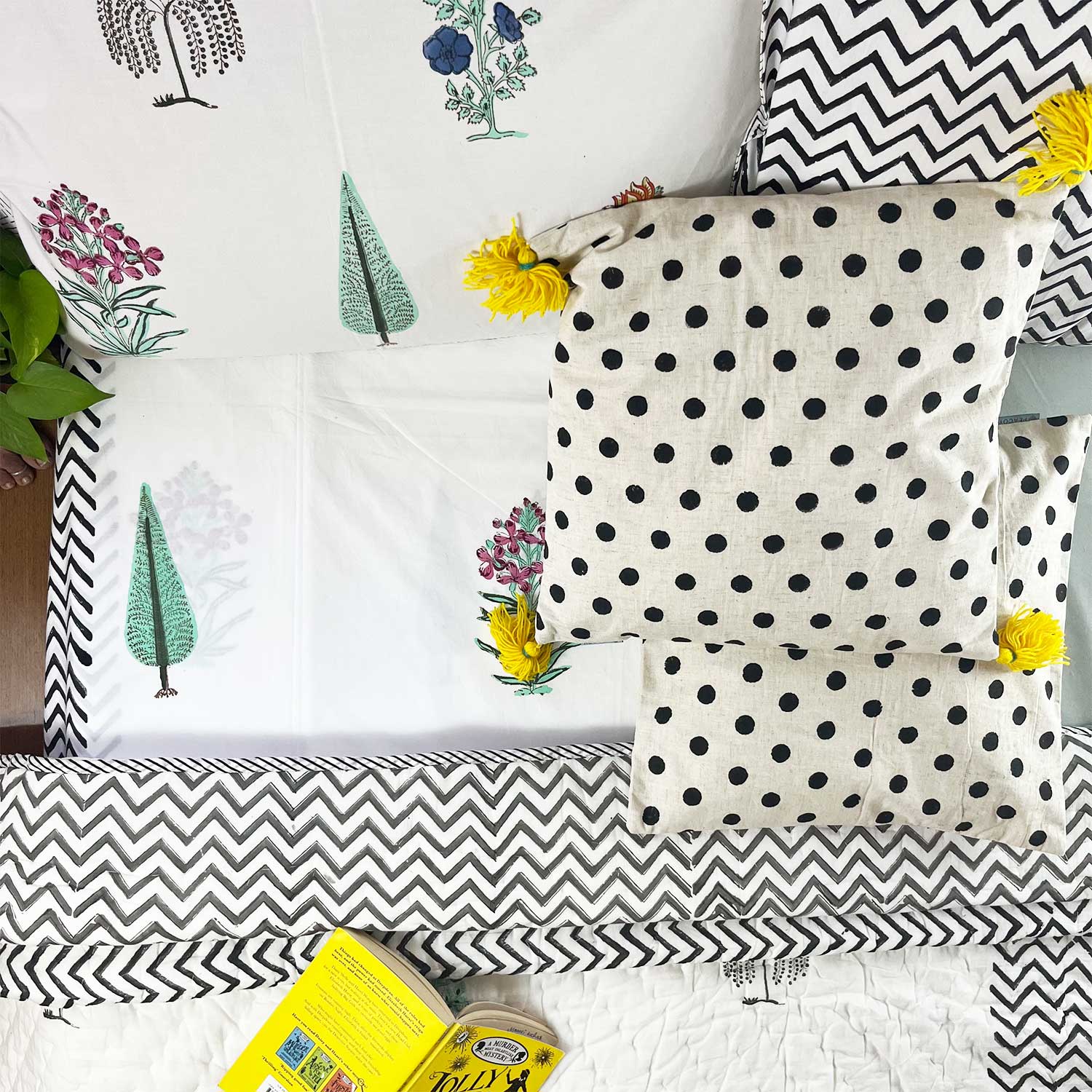 White with Black Zigzag Border Block Printed 210 Thread Count Cotton Double Bedsheet Set With 2 Pillow Covers - 108 inches x 108 inches