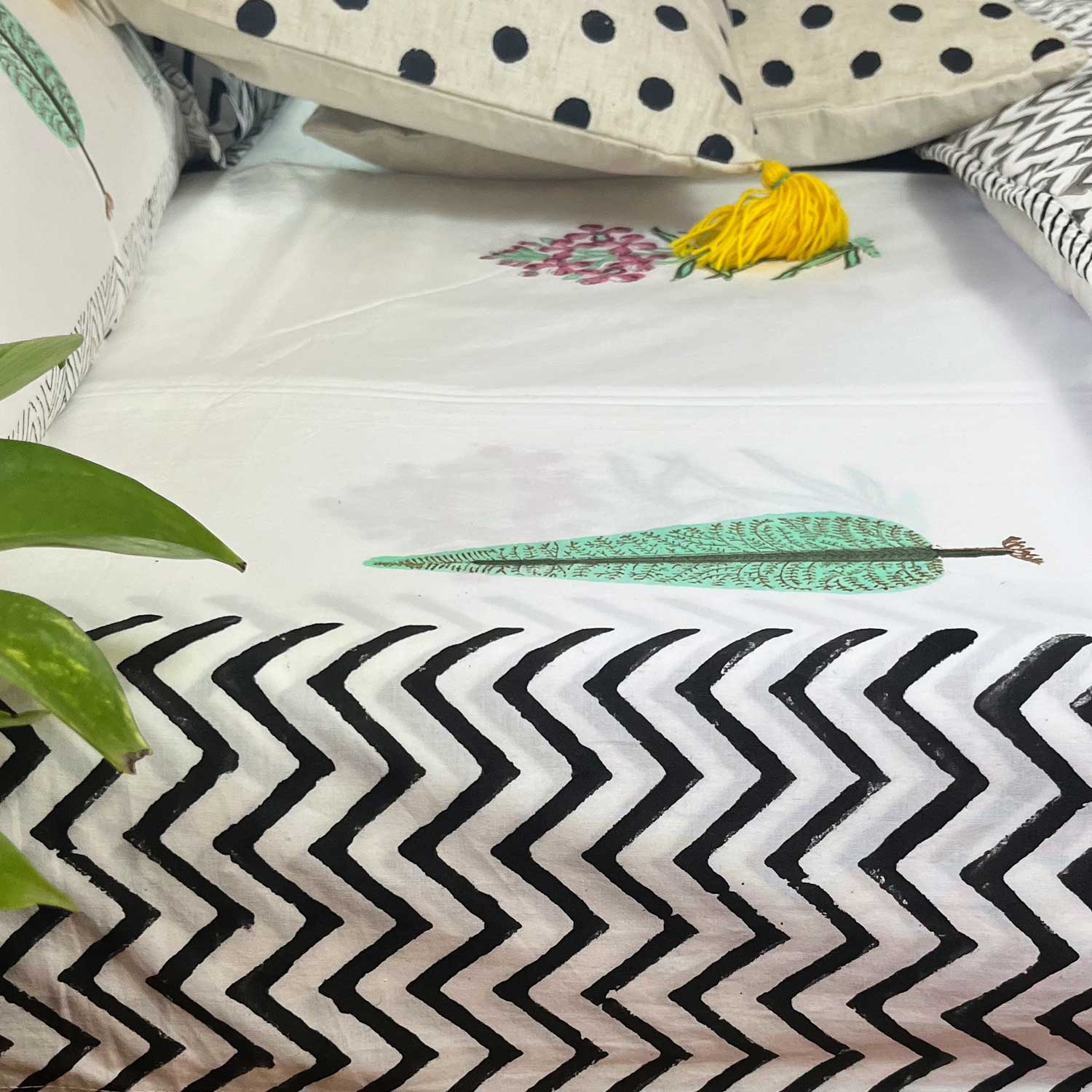 White with Black Zigzag Border Block Printed 210 Thread Count Cotton Double Bedsheet Set With 2 Pillow Covers - 108 inches x 108 inches