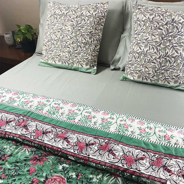 Floral Day Green & Pink Block Printed Soft Cotton Quilt - 90 inches x 60 inches