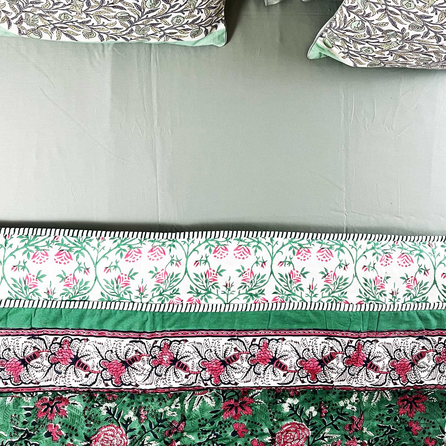Floral Day Green & Pink Block Printed Soft Cotton Quilt - 90 inches x 60 inches