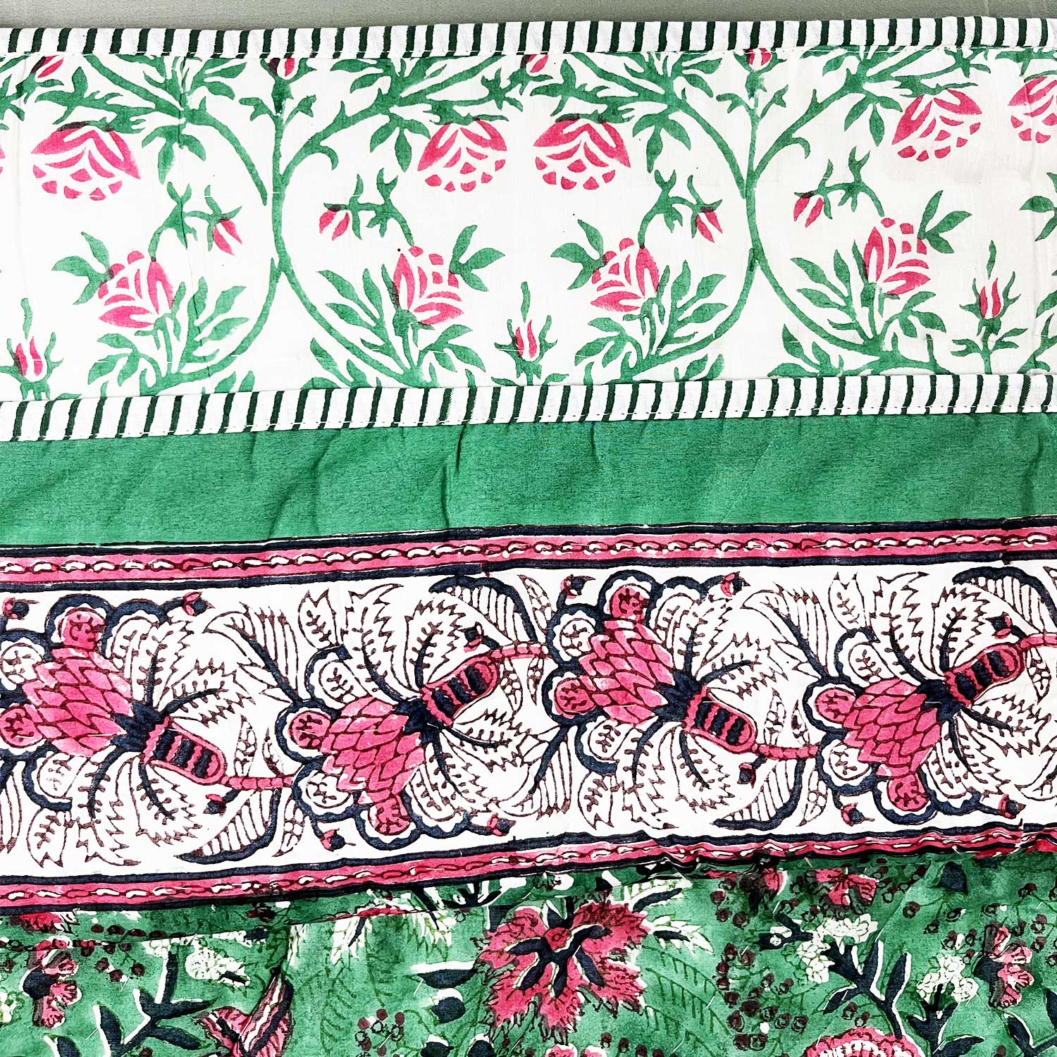 Floral Day Green & Pink Block Printed Soft Cotton Quilt - 90 inches x 60 inches