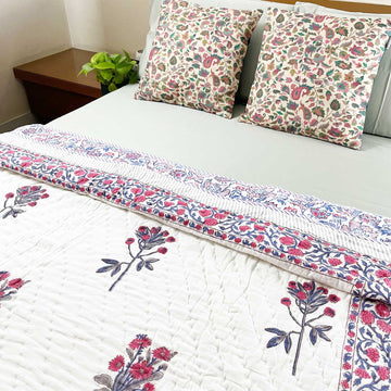 White & Red Soft Cotton Floral Printed Quilt - 60 inches x 90 inches