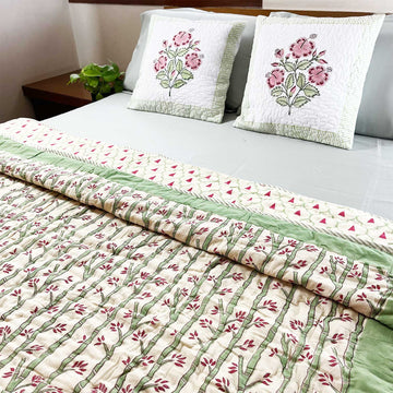 Vine Green & White Soft Cotton Bamboo Printed Quilt - 90 inches x 60 inches