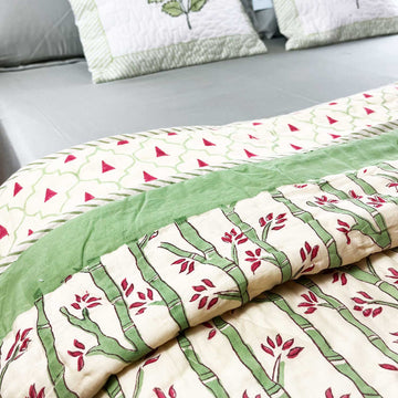 Vine Green & White Soft Cotton Bamboo Printed Quilt - 90 inches x 60 inches