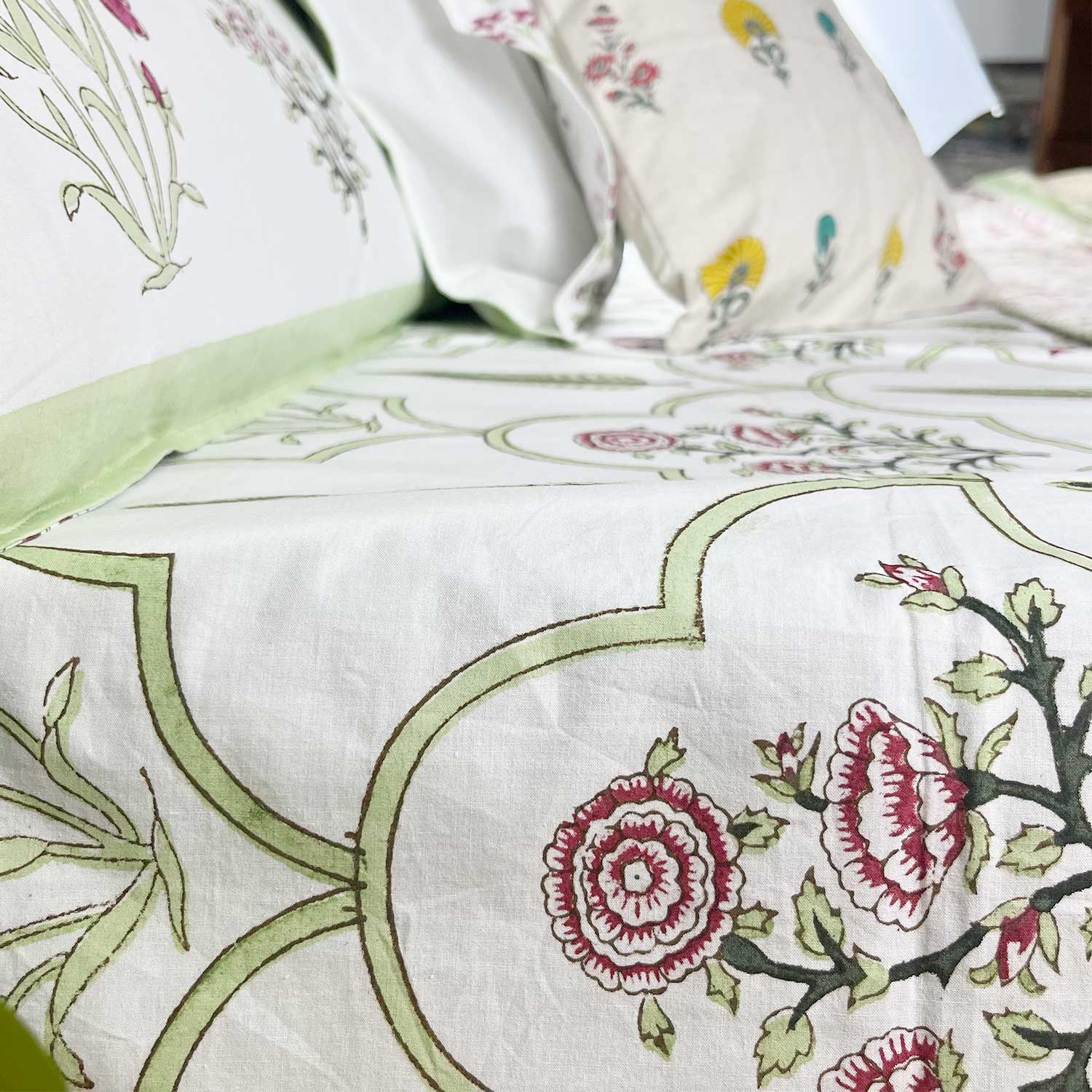 Refreshing Green & Pink Jaal Block Printed 210 Thread Count Cotton Double Bedsheet Set With 2 Pillow Covers