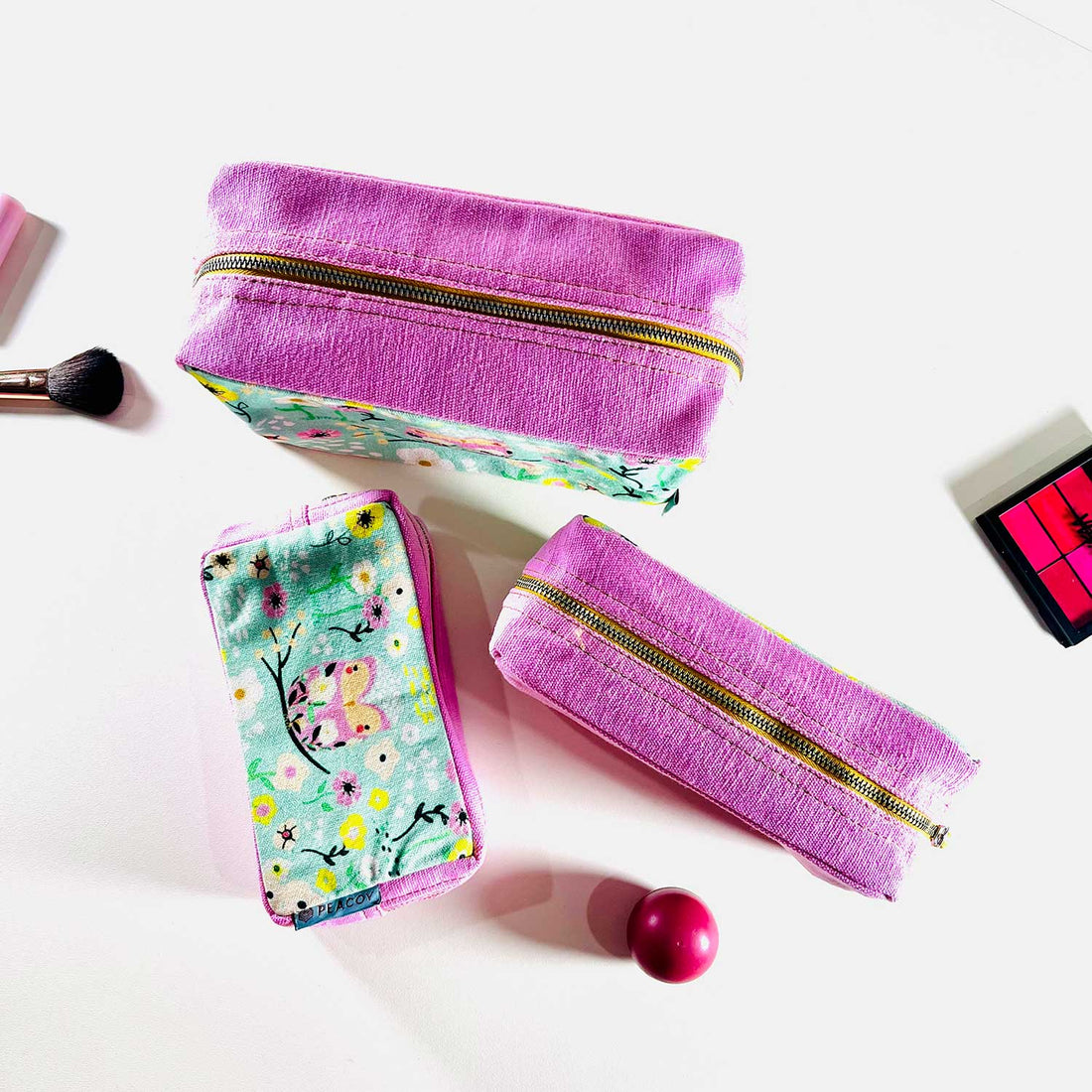 Blue Pink Owl  Utility Pouches Set of 3