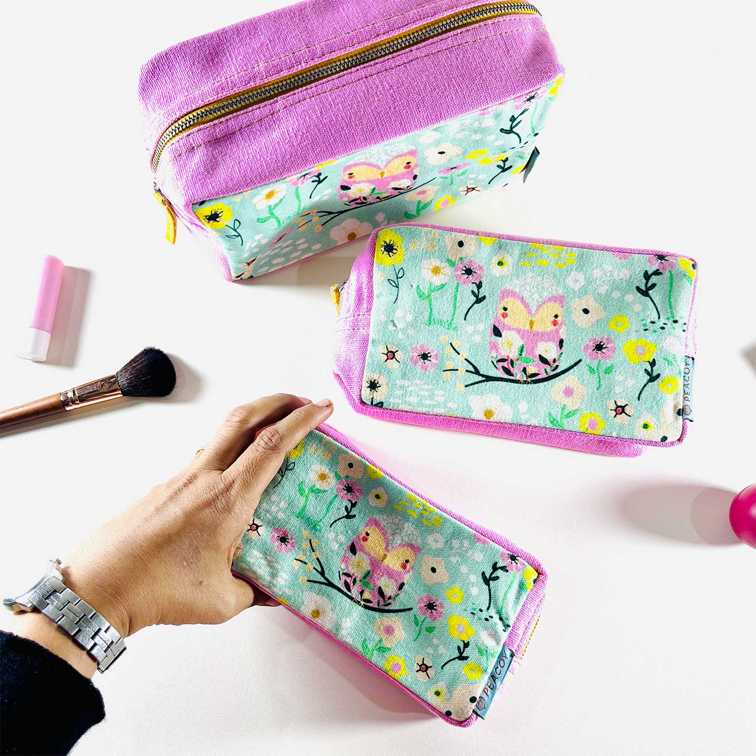 Blue Pink Owl  Utility Pouches Set of 3