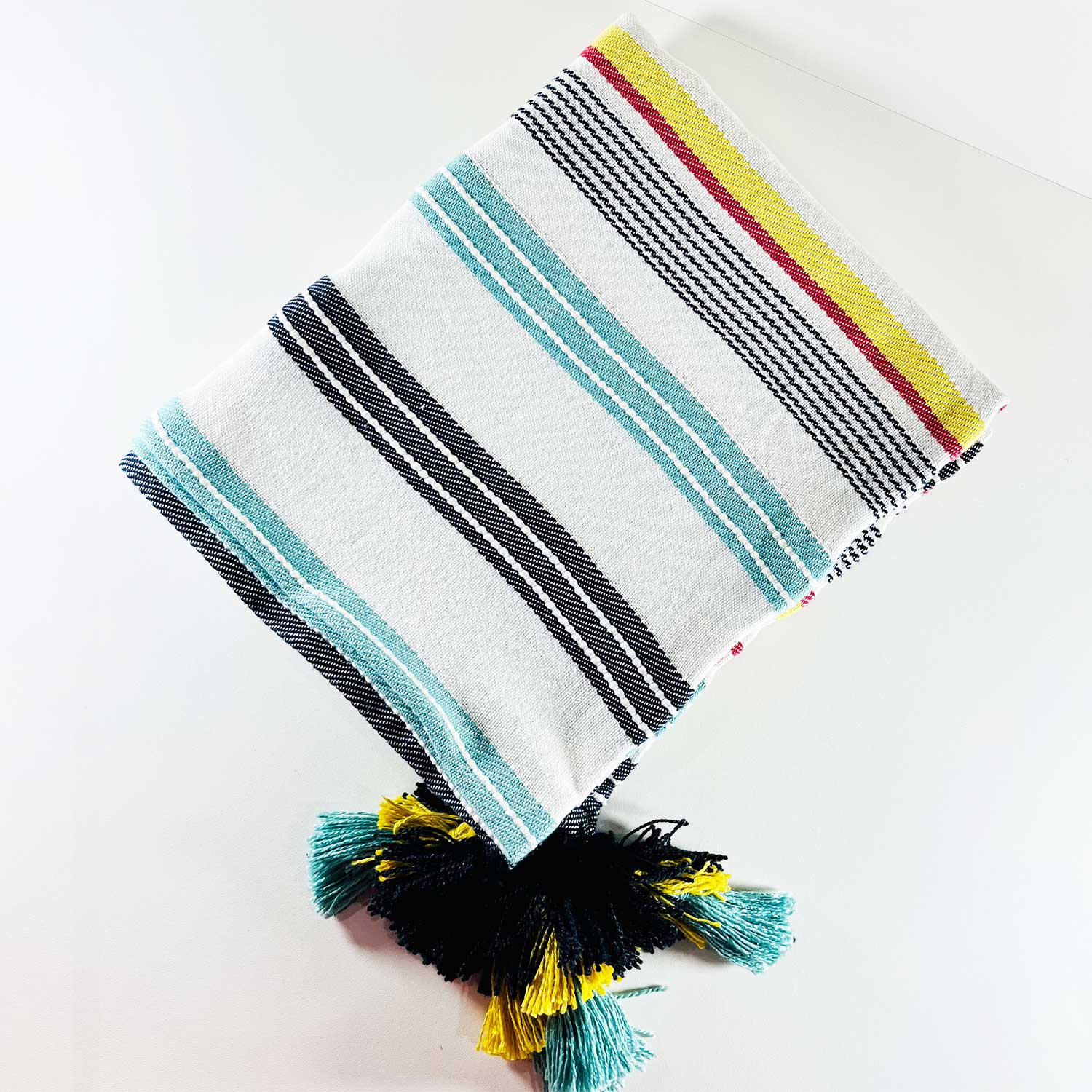 White Cotton Throw with Colored Tassels 60 inches x 55 inches