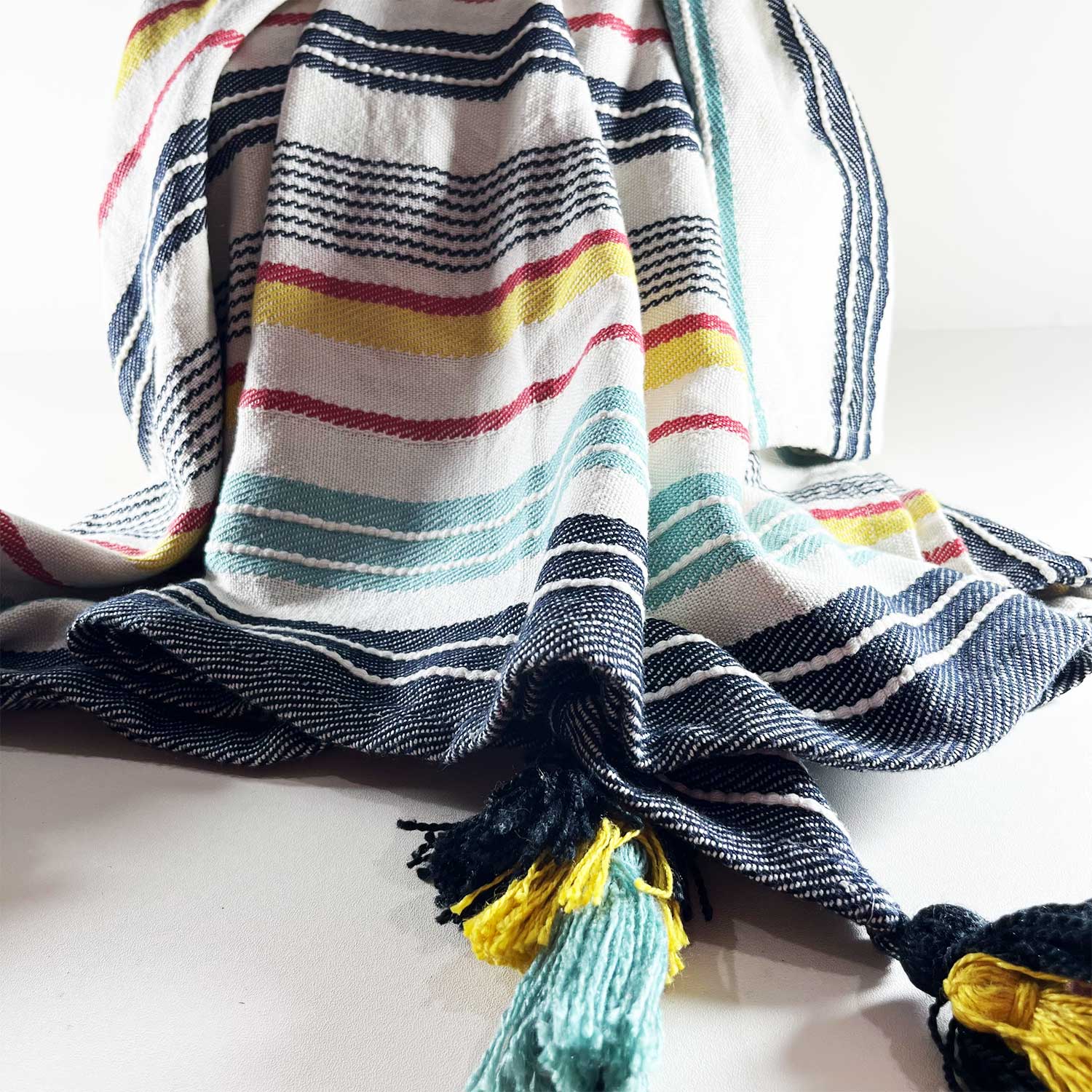 White Cotton Throw with Colored Tassels 60 inches x 55 inches