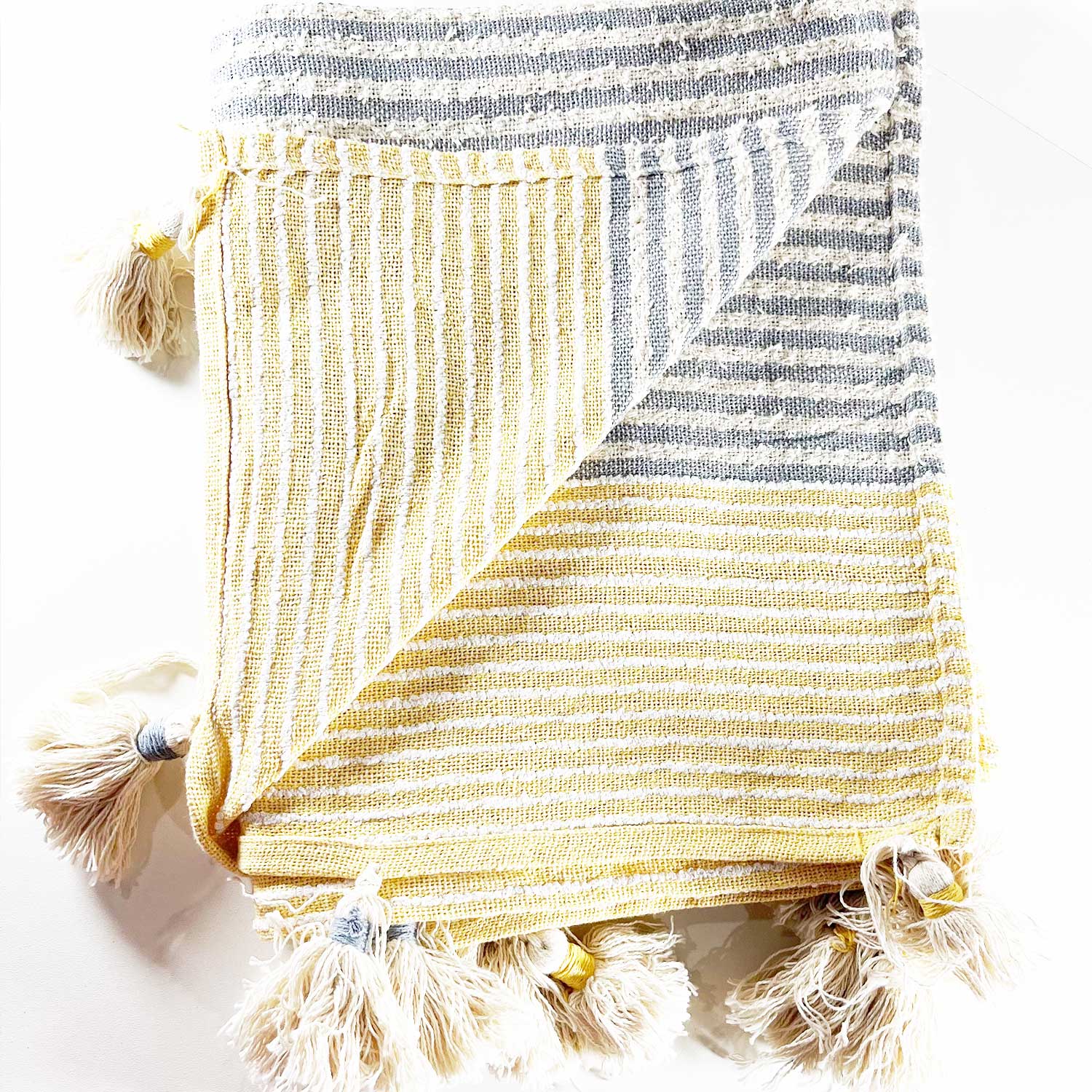 Yellow & Blue Cotton Throw with Tassels 1 54 inches x 68 inches