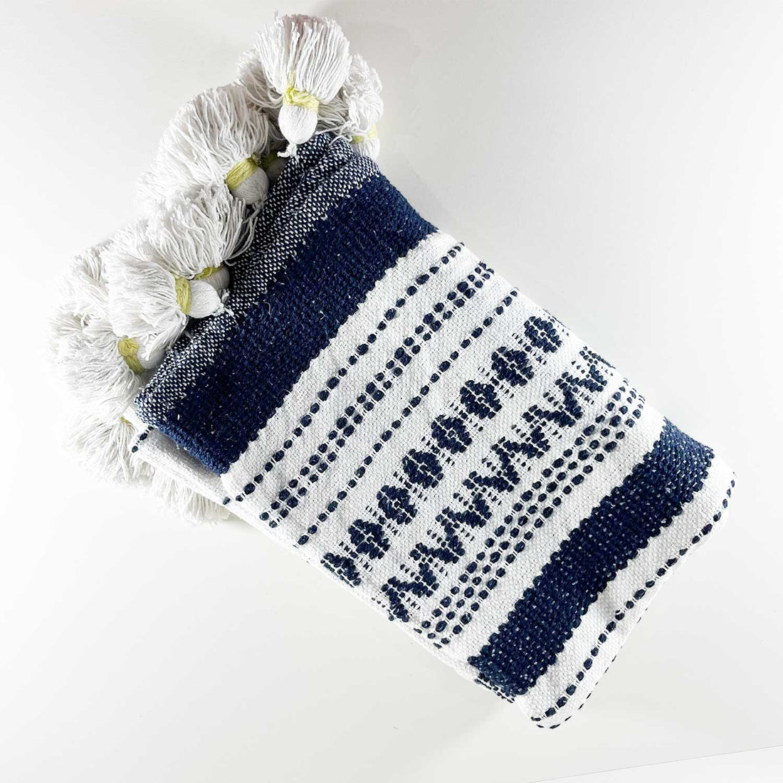 Navy Blue & White Cotton Throw with Tassels 60 inches x 40 inches