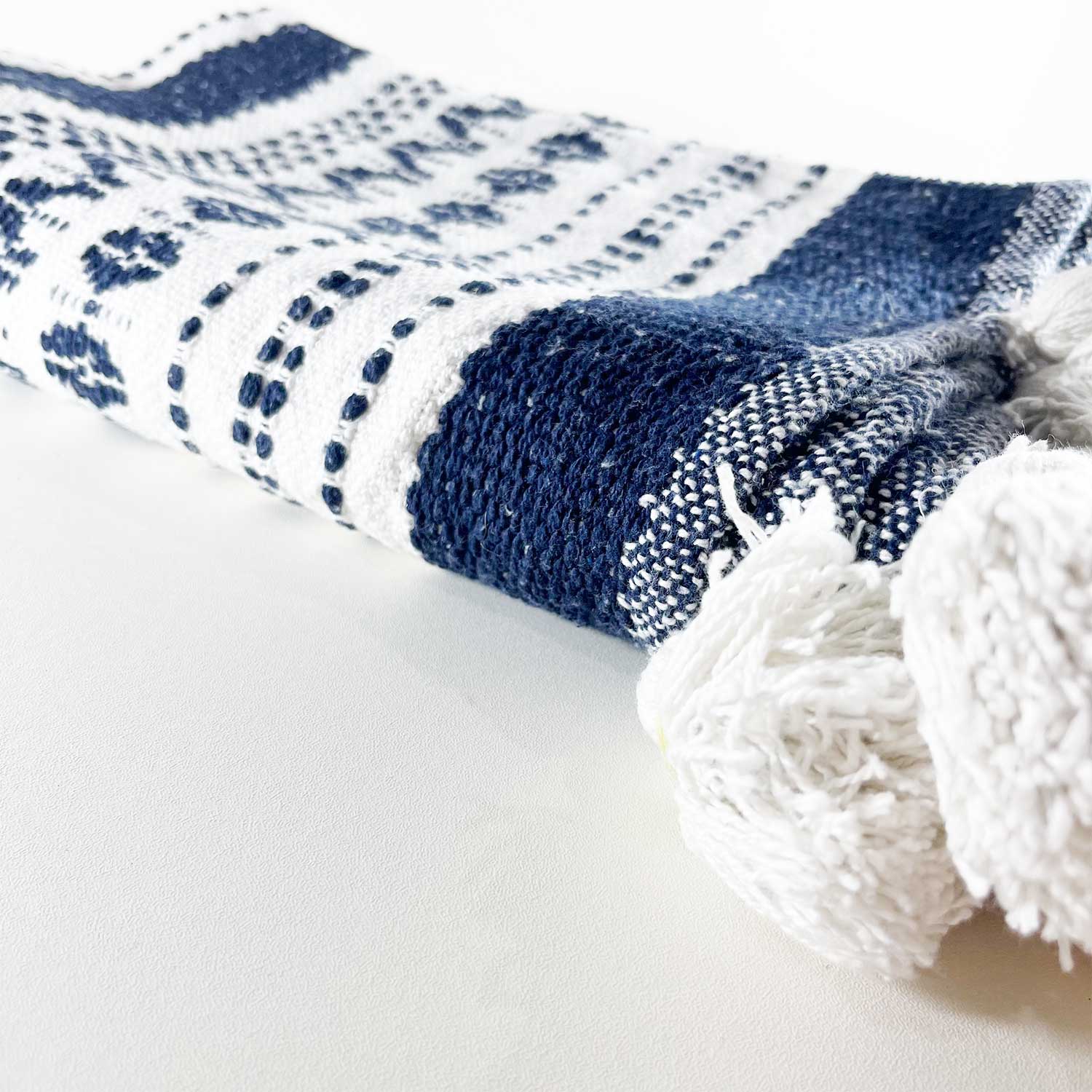 Navy Blue & White Cotton Throw with Tassels 60 inches x 40 inches
