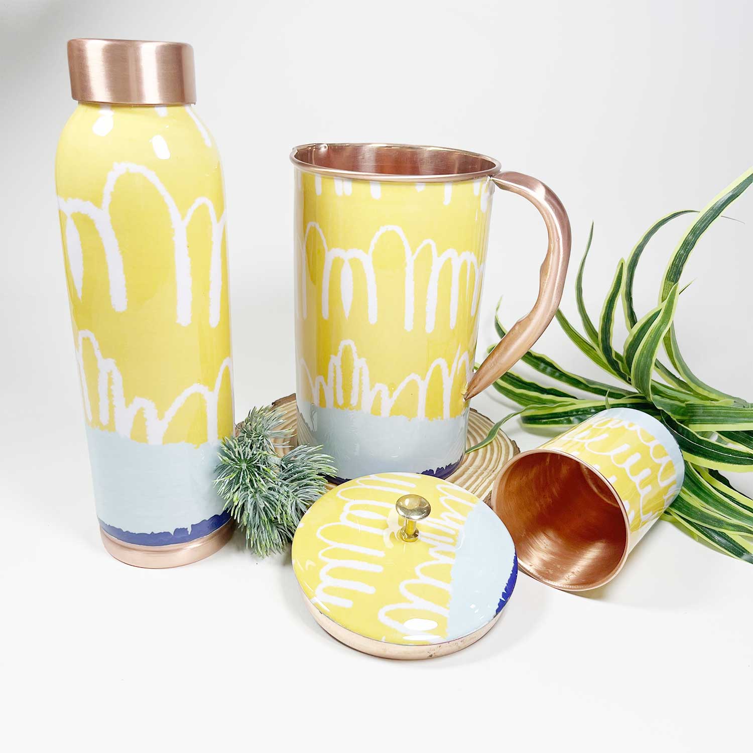 Yellow Pure Copper Bottle, Jug & Glass Set